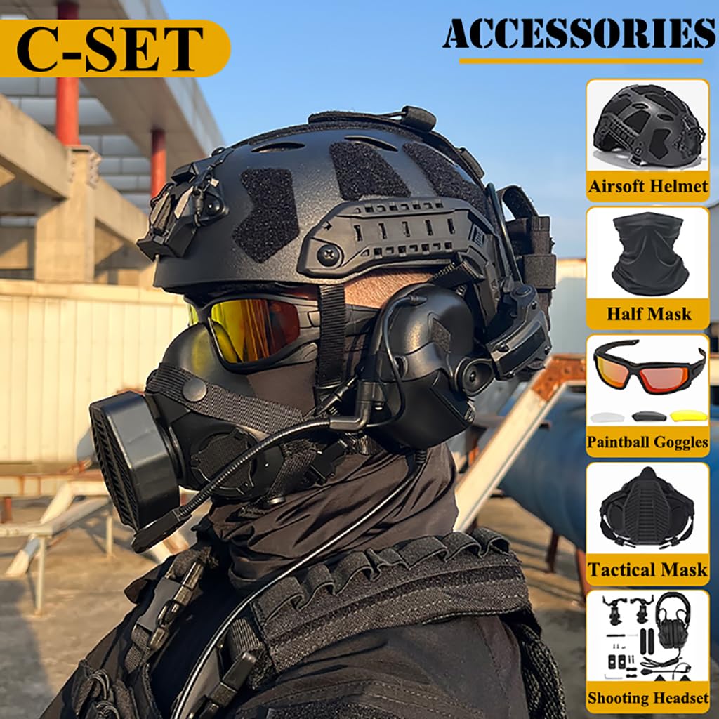 Tactical Fast SF Airsoft Helmet Set with Noise Canceling Headset, Paintball Mask, Goggles, Battery Bag & Signal Lights | L4G24 & NVG Models | Adjustable Hunting Gear for CS, Outdoor BBS Games & Military Simulation