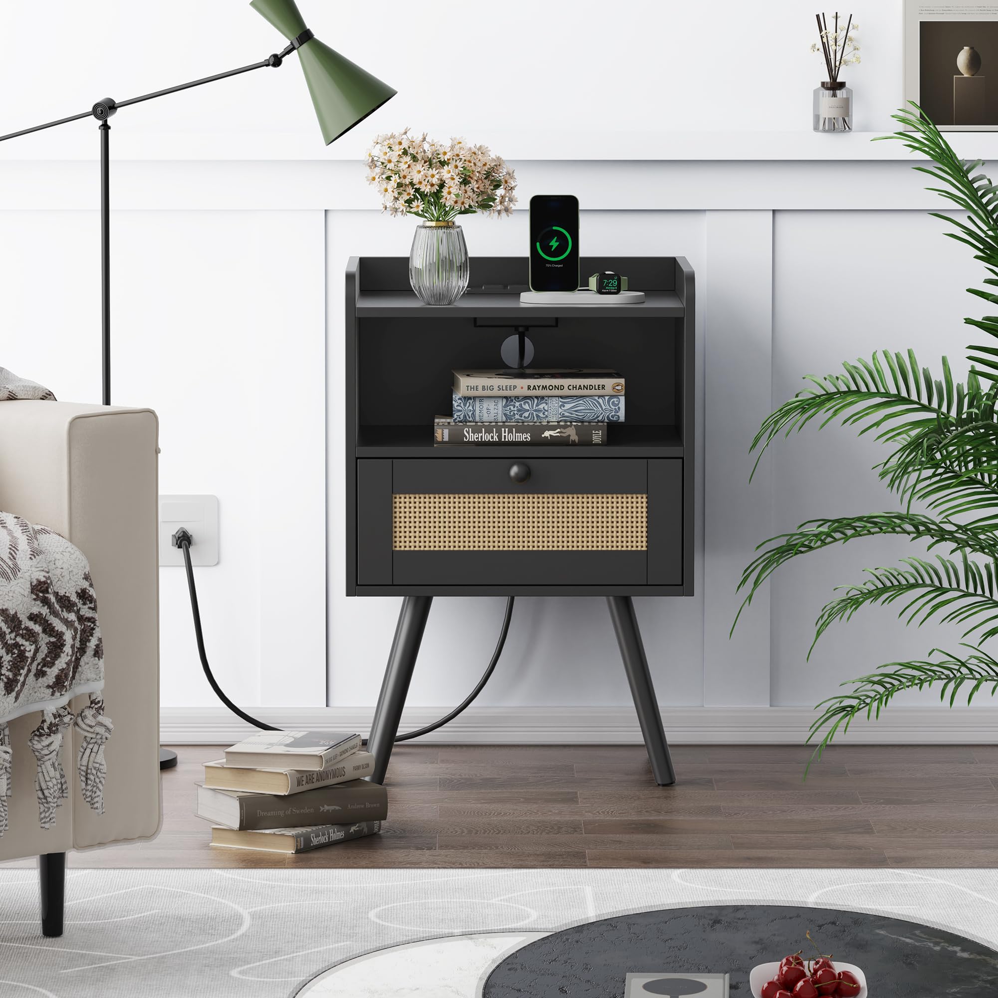 SUPERJARE Nightstand Set of 2 with USB Charging Station & PE Rattan Drawers - Modern Bedside Tables with Storage, Solid Wood Legs - Perfect for Bedroom, Living Room, or Guest Room - Black End Tables for Phone Charging & Home Decor
