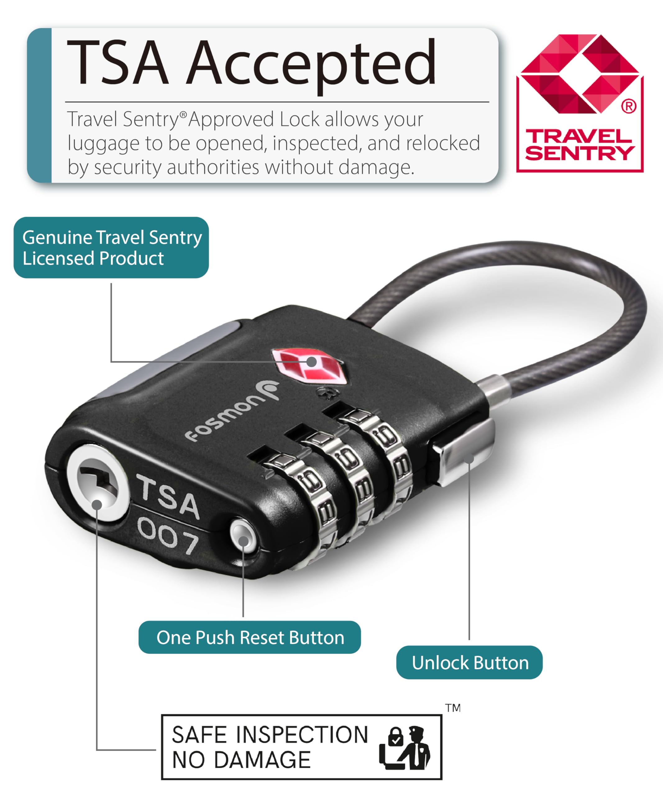 Fosmon TSA Approved 3-Digit Combination Cable Lock for Luggage, Suitcase, Backpack & Gun Cases - Secure Push Button Release with Long Shackle Wire - Ideal for Travel, Gym Bags & Storage Protection