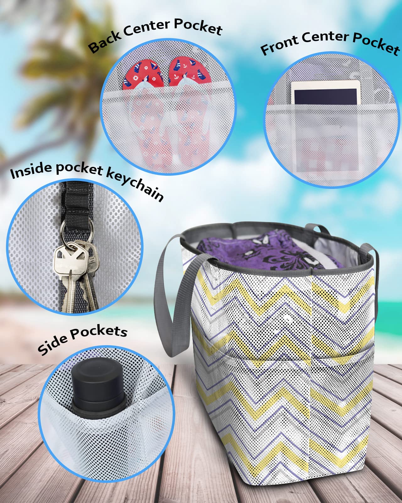 Mesh Beach Tote Bag - 60L Oversized Chevron Striped Swim Bag with Pockets | Quick-Dry, Foldable & Lightweight | Perfect for Beach, Pool, Grocery Shopping & Toy Storage (24