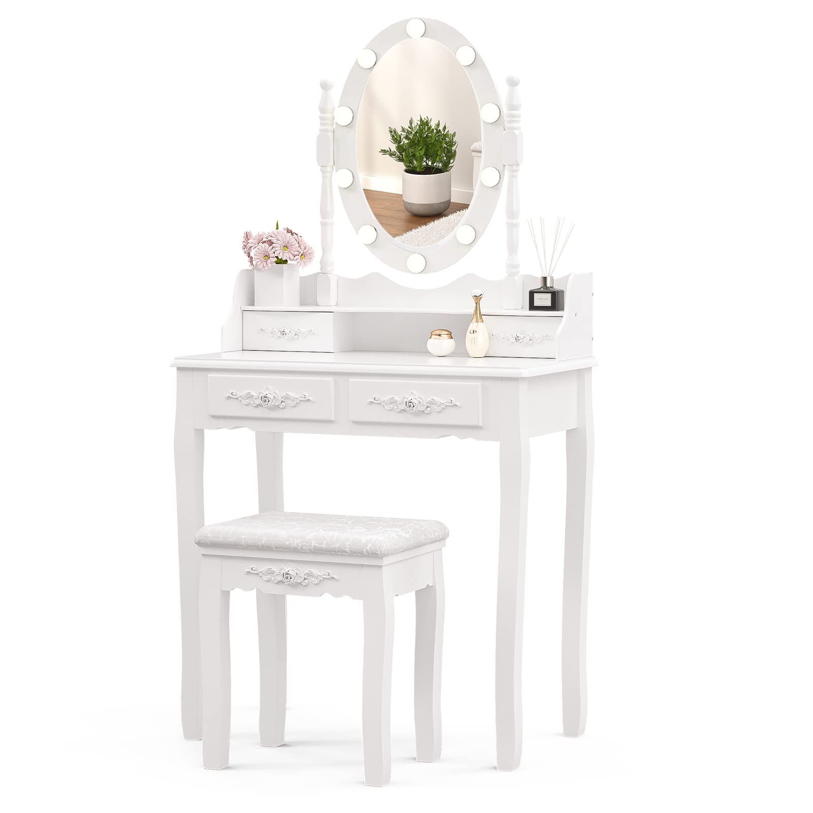 Alohappy Girls Makeup Vanity Set with Lighted Mirror & Stool - 4-Drawer Dressing Table Desk for Bedroom & Bathroom - Perfect for Makeup Organization, Beauty Routine & Home Decor