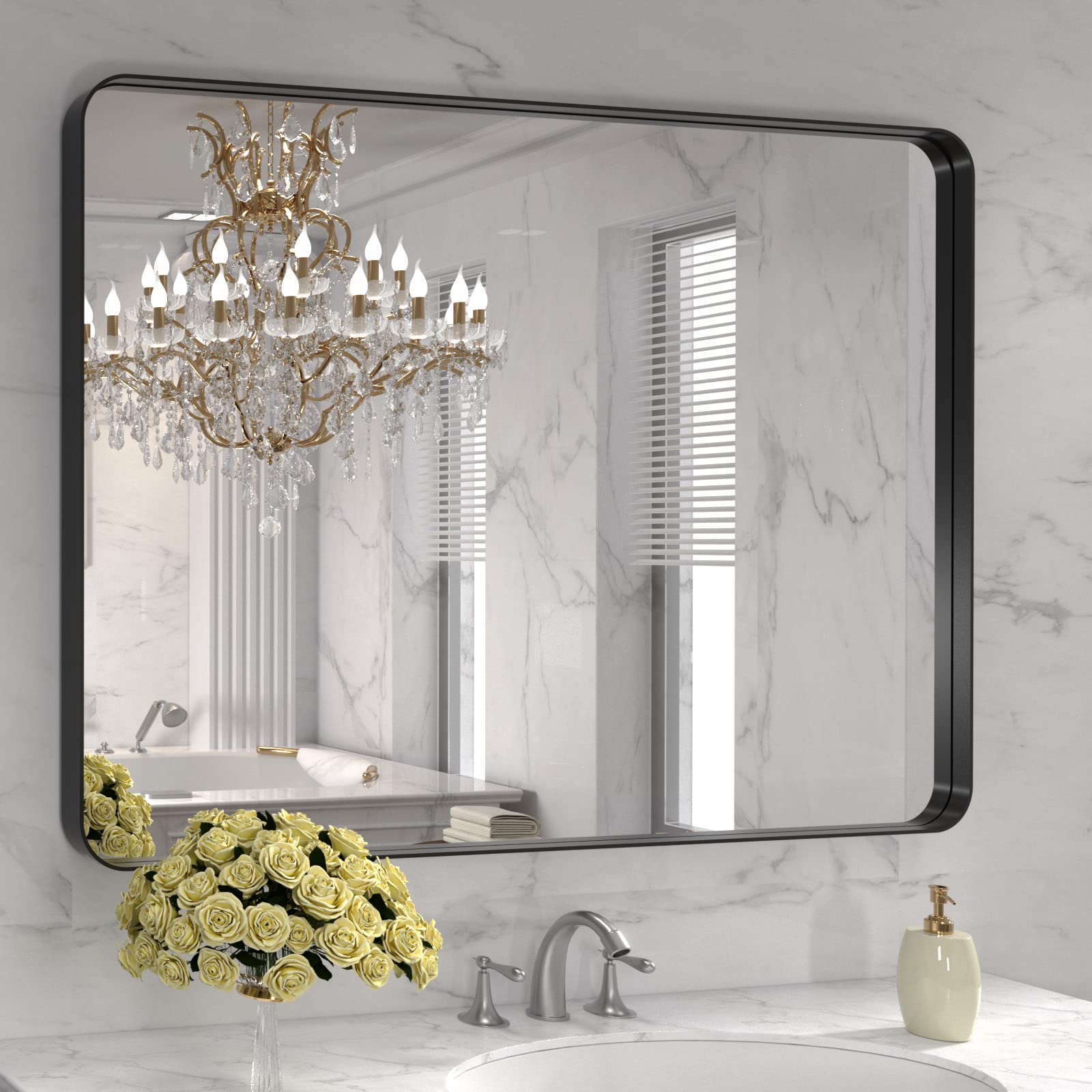 LOAAO 40x32 Inch Matte Black Metal Framed Bathroom Mirror - Rustproof Tempered Glass Wall Mirror for Vanity, Farmhouse Decor - Horizontal or Vertical Hanging - Perfect for Bathrooms, Bedrooms, and Entryways