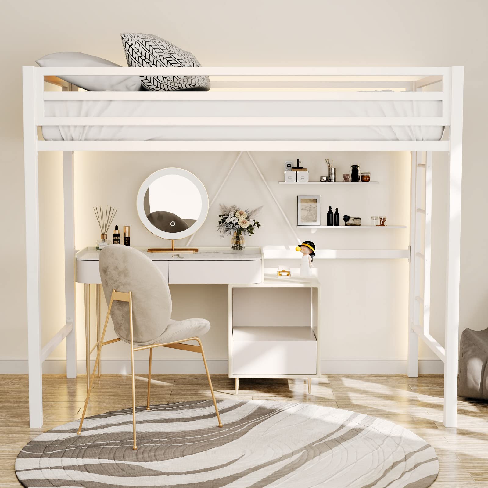ikalido Twin Size Metal Loft Bed with Safety Guardrail & Ladder - Space Saving Bedroom Furniture, No Box Spring Needed, Cream White - Perfect for Kids Rooms, Dorms & Small Apartments