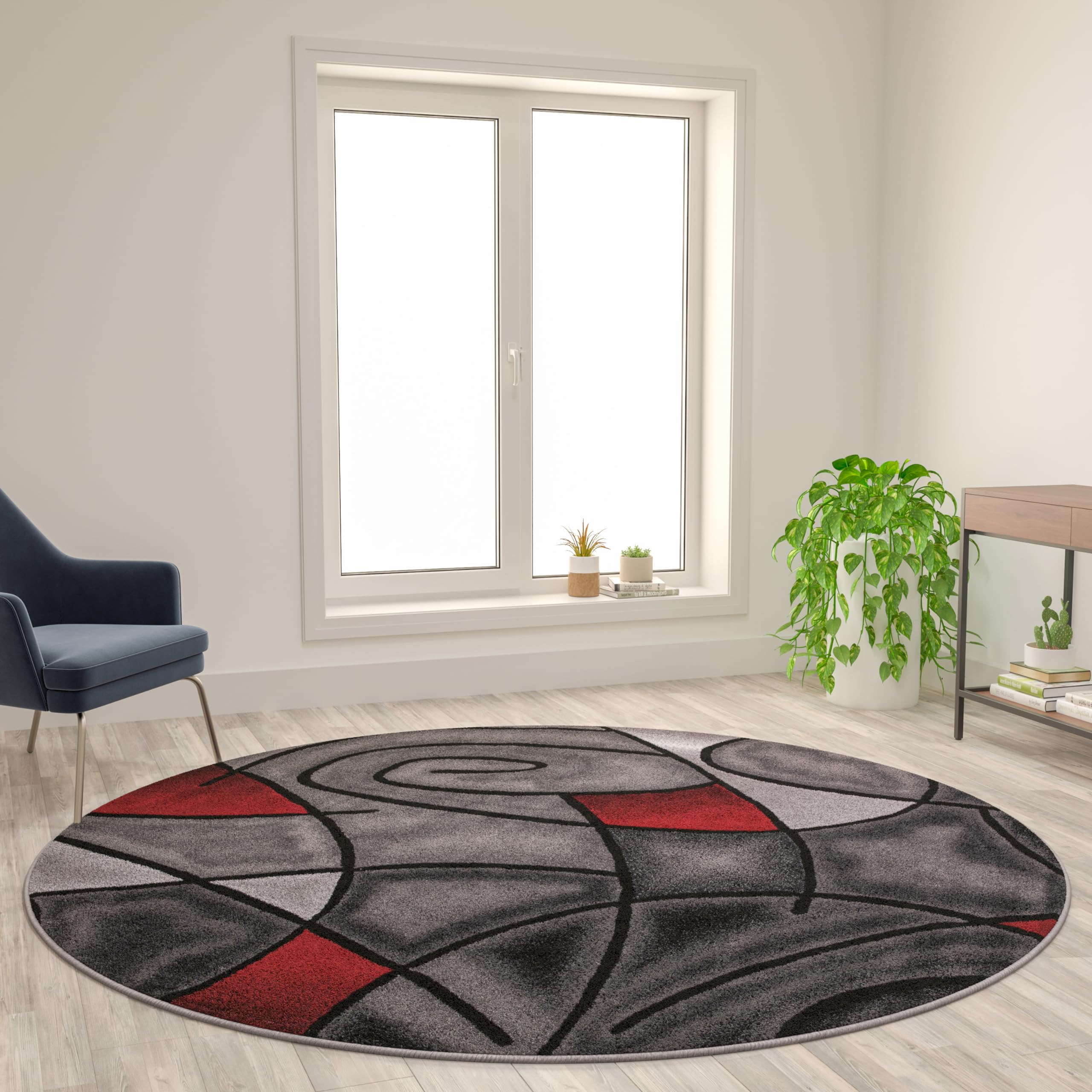Flash Furniture Jubilee Collection Abstract Area Rug - Colorfast Red Olefin Rug - 7' x 7' Round Rug with Jute Backing - Non-Slip Living Room, Bedroom & Family Room Carpet - Perfect for Home Decor, Office & High-Traffic Areas