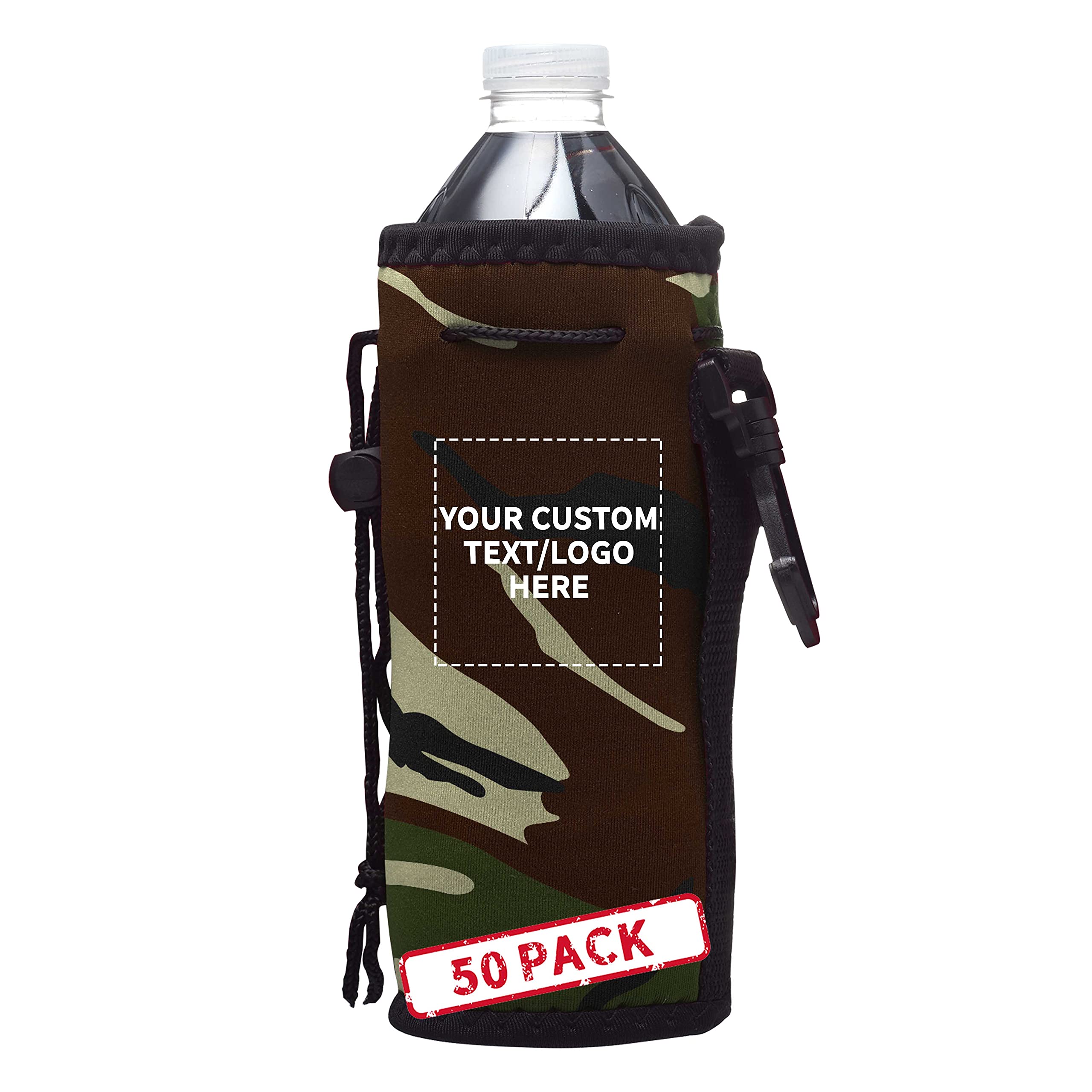 50 Pack Neoprene Water Bottle Insulators with Drawstring - Custom Text & Logo Printing - Fits 12 oz Longneck Bottles - Camouflage Design - Perfect for Outdoor Adventures, Sports Events & Corporate Gifts