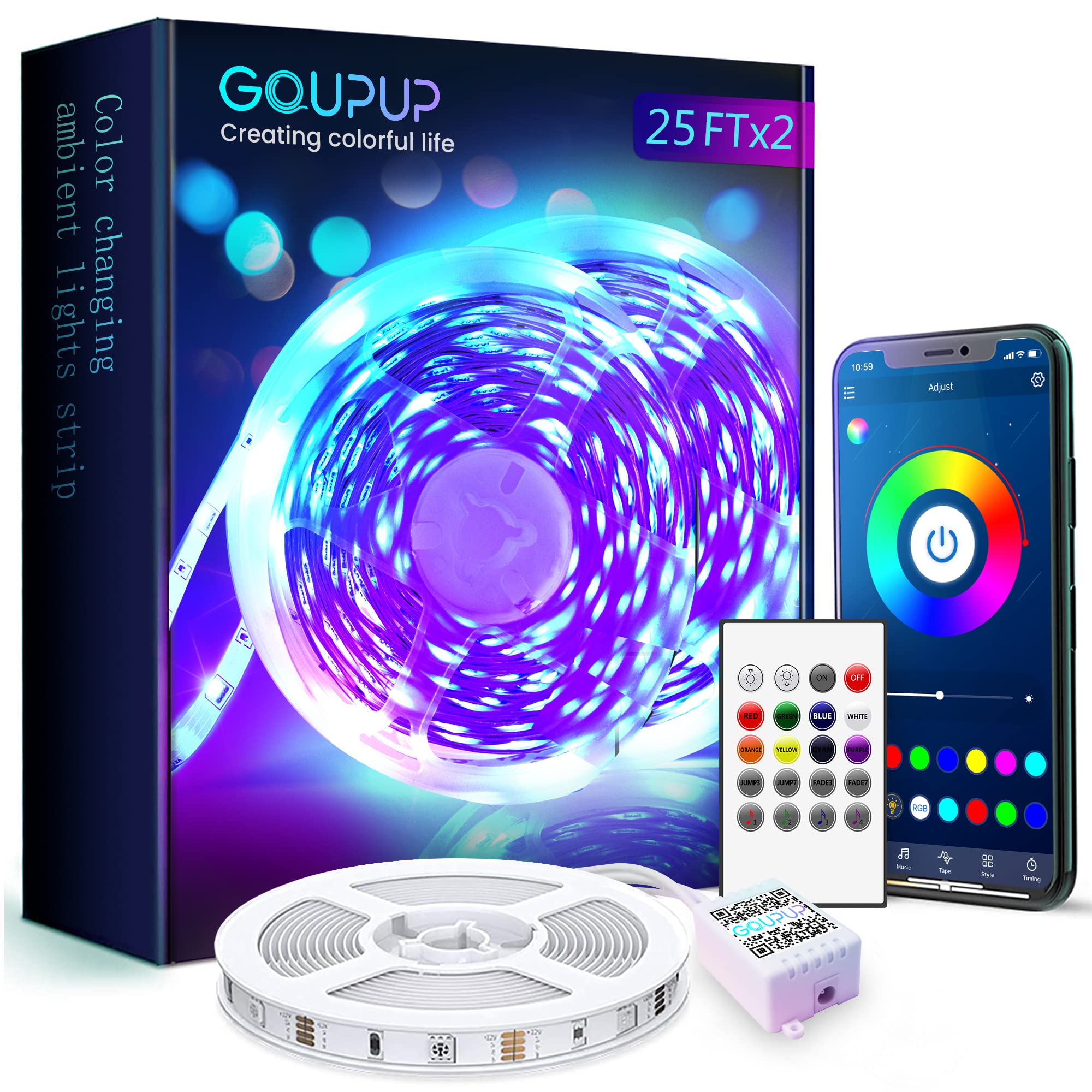 GUPUP 50 FT LED Strip Lights - Bluetooth Smart Color Changing Lights with Music Sync for Bedroom, Home Decor - App & Remote Control - Perfect for Parties, Gaming Rooms & Home Theater Lighting