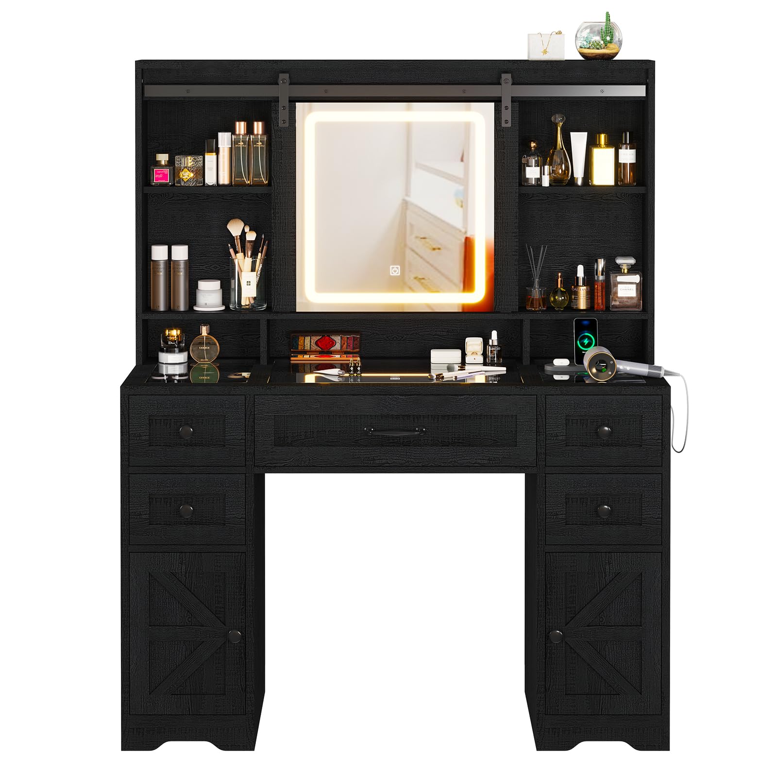 Farmhouse Makeup Vanity with LED Lights & Sliding Mirror - Glass Top Vanity Desk with USB Charging Station - Large Makeup Table with 5 Drawers, Shelves & Cabinets - Wood-Grain Black Finish - Perfect for Bedroom, Dressing Room & Bridal Suite Makeup Organization