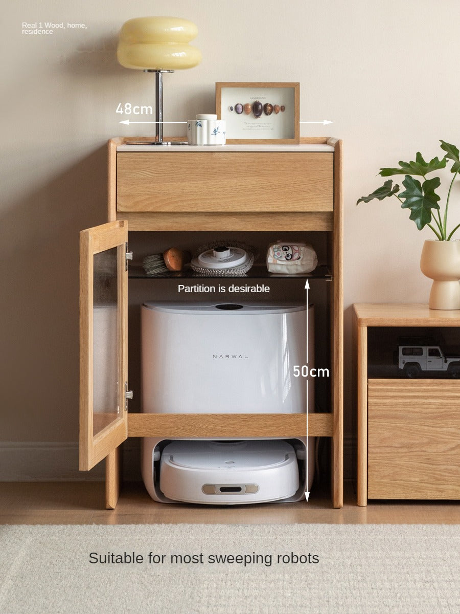 Solid Oak Wood Side Cabinet for Robot Vacuum Storage - Modern Rock Slab Design - Perfect for Living Room, Bedroom, or Home Office Organization