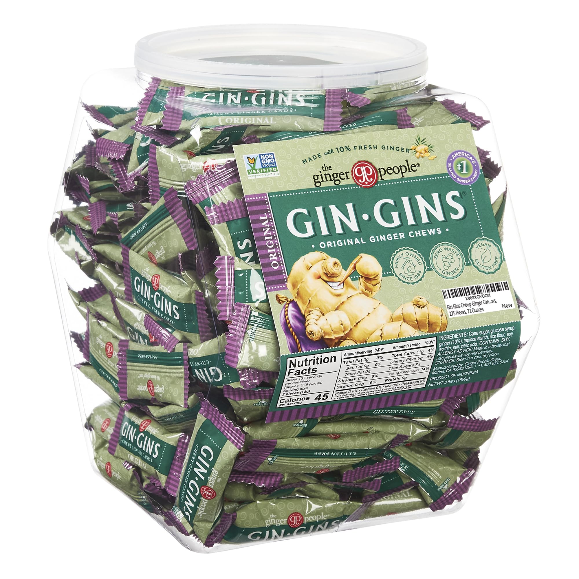 Gin Gins Chewy Ginger Candy Bulk Pack - 275 Individually Wrapped Gluten Free & Vegan Ginger Chews in Reusable Plastic Tub | Natural Motion Sickness Relief & Digestive Aid | Perfect for Travel, Pregnancy Nausea & Office Snacks