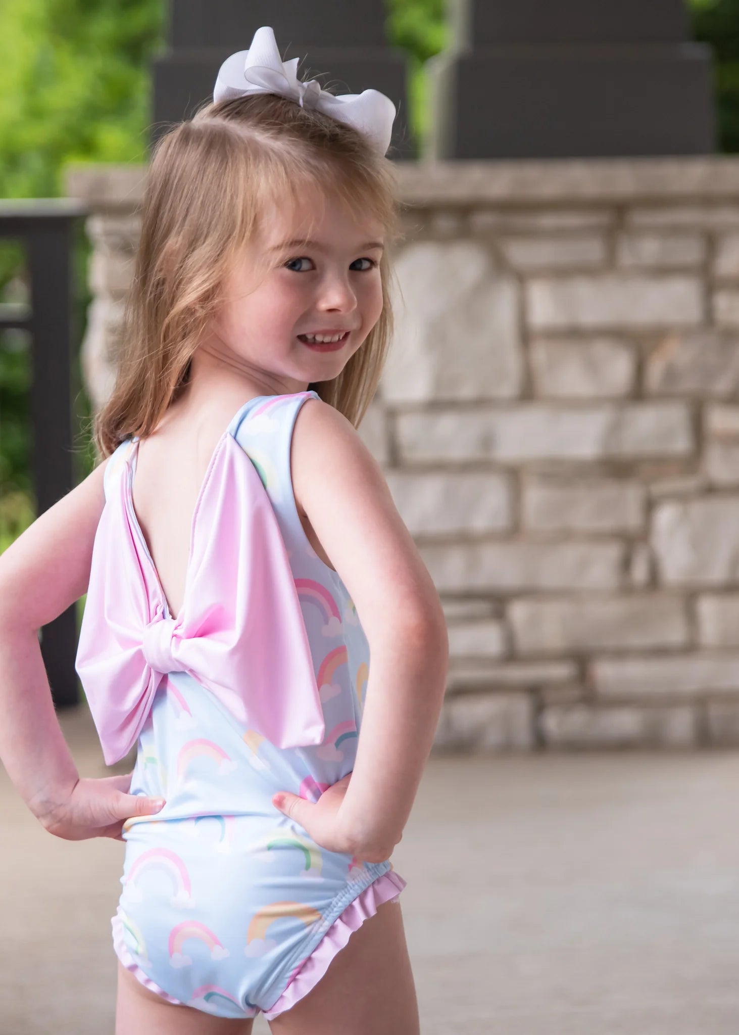 James & Lottie Rainbow Bow Back Swimsuit for Girls - Stylish One-Piece Bathing Suit with Adjustable Straps | Perfect for Beach, Pool & Summer Vacations