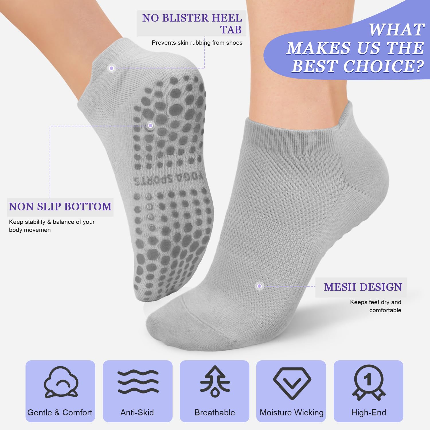 Non-Slip Yoga Socks for Women - 4/6 Pairs Grippy Pilates Socks for Barre & Workout
