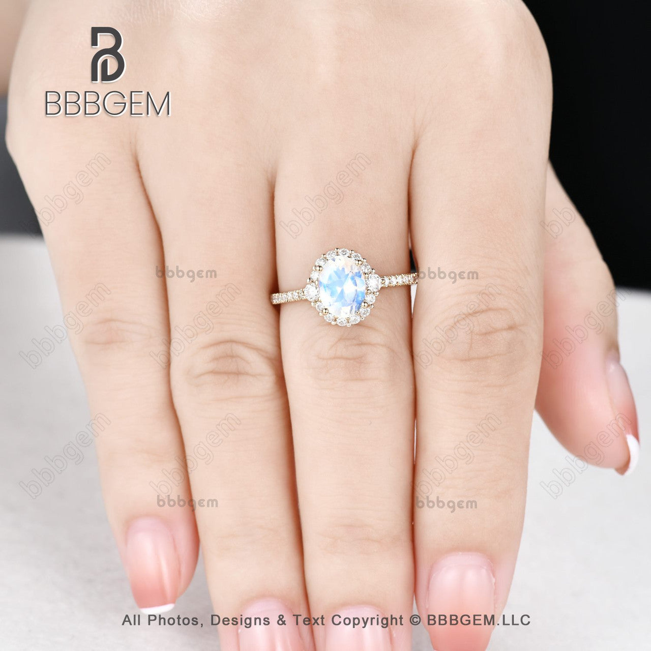 6X8mm Oval Moonstone Wedding Ring with Moissanite Halo in 18K Yellow Gold - Elegant Bridal Ring for Women, Perfect Christmas Gift for Anniversary, Engagement or Special Occasions