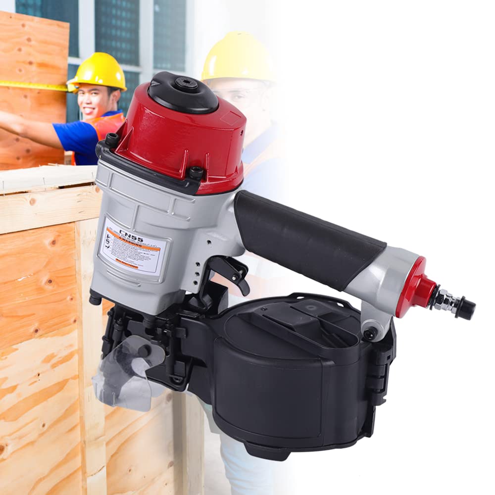 CN55 Heavy Duty Pneumatic Coil Roofing Nailer - Professional Air Coil Nail Gun for Asphalt Shingles, Fiberglass Shingles, Lath Wire & Wooden Box Assembly (2.1-2.3mm Nail Size) - Perfect for Roofing Projects, Construction & DIY Home Repairs