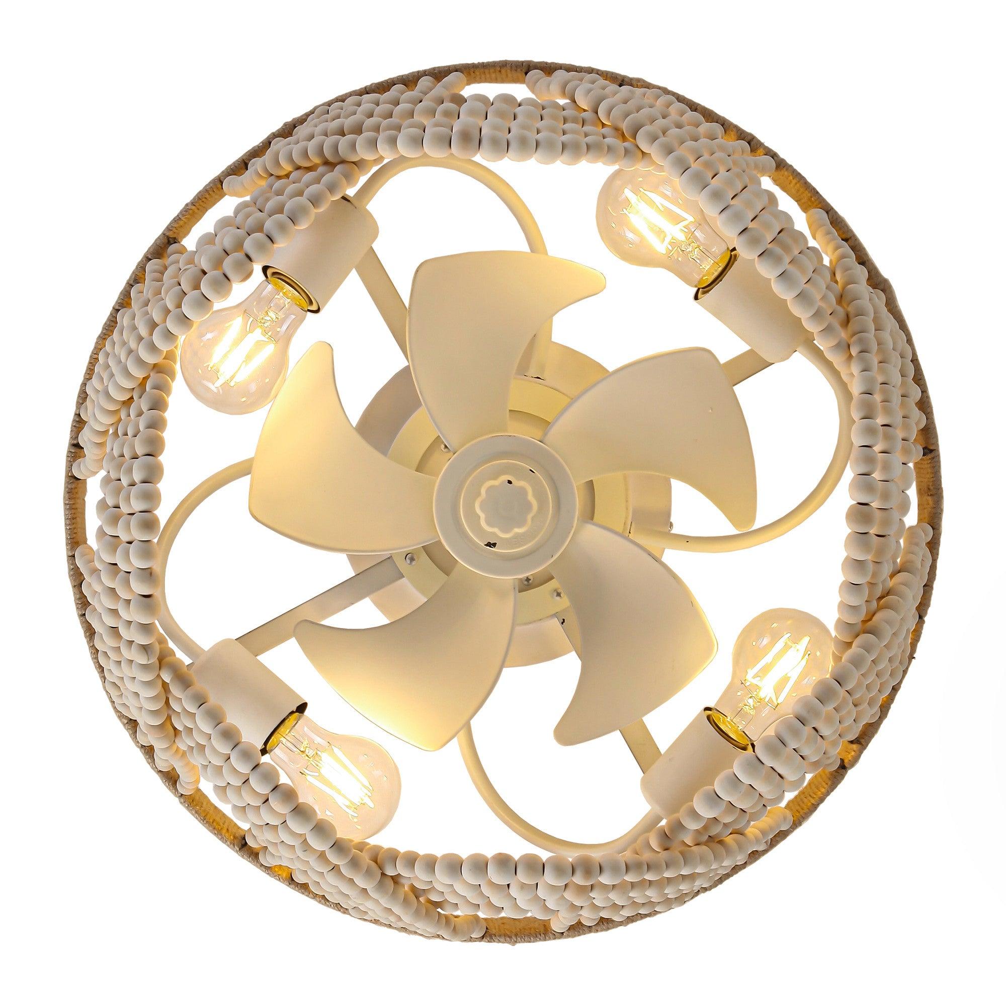 20 Inch White Farmhouse Wooden Beads Flush Mount Ceiling Fan with APP Remote Control & LED Light - Perfect for Bedroom, Living Room, and Kitchen Decoration