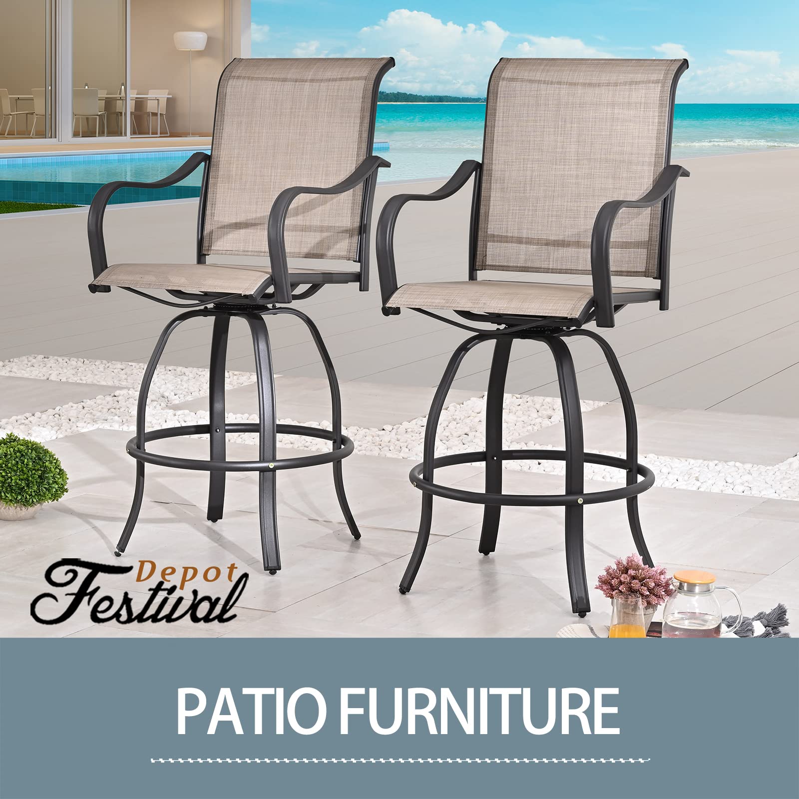 2-Pack Bar Height Swivel Stools - All-Weather Textilene Patio Dining Chairs for Outdoor Bistro, Garden & Poolside (Taupe) | Durable Metal Frame & Comfortable Seating for Backyard, Deck & Restaurant Use