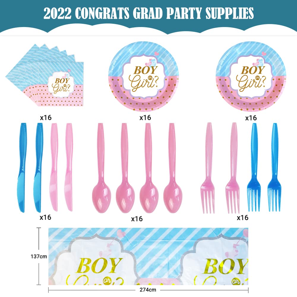 97-Piece Gender Reveal Party Supplies Set - Blue or Pink Plates, Napkins, Forks & Decorations for Baby Shower | Perfect for 16 Guests | Ideal for Gender Reveal Parties, Baby Showers & Birthday Celebrations