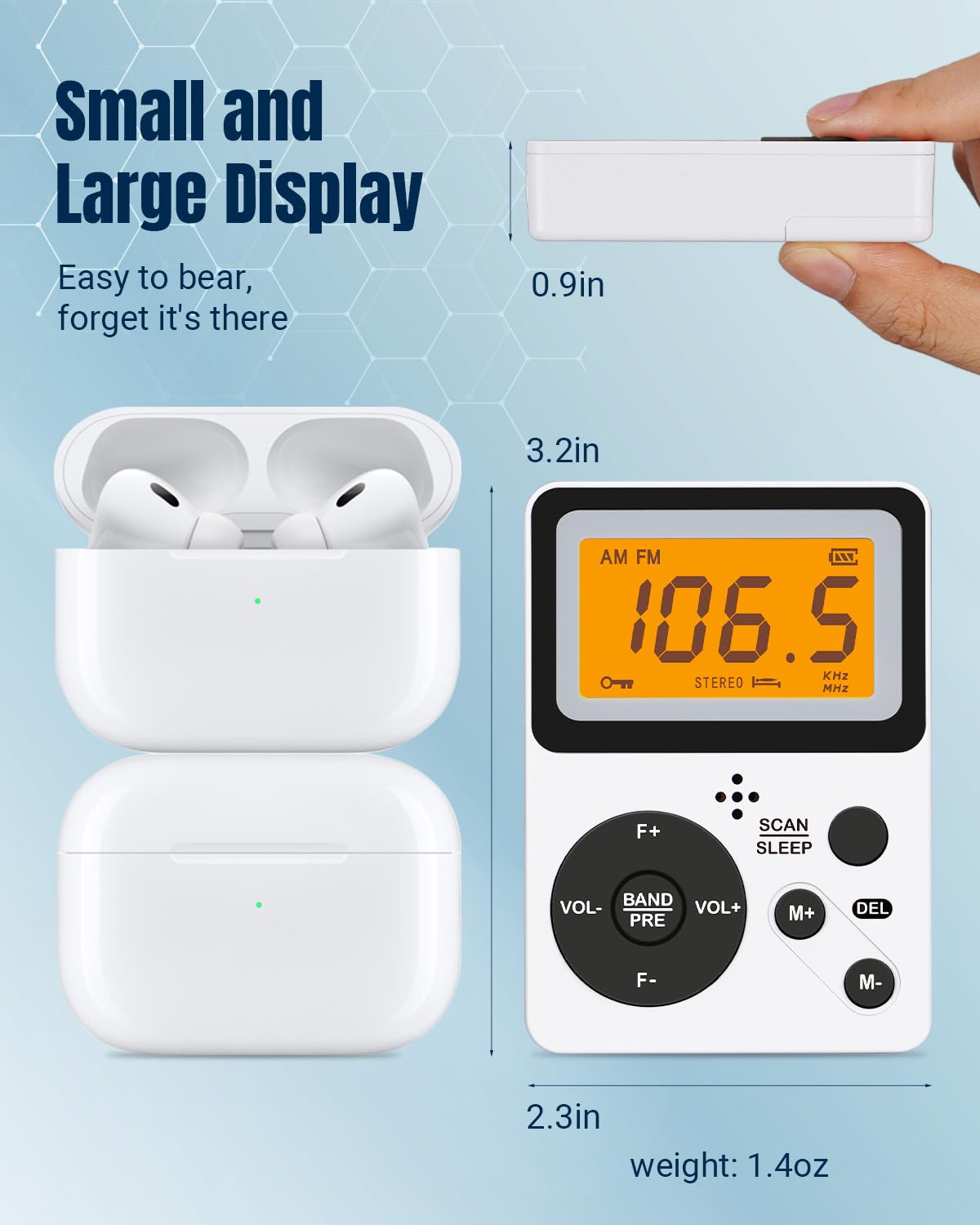 PRUNUS J-159 Portable AM FM Radio with Stereo Earphone - Battery Operated Walkman Radio, Manual Preset, Large LCD Screen, Sleep Timer, Lock Key - Perfect for Travel, Camping, Jogging and Emergency Use