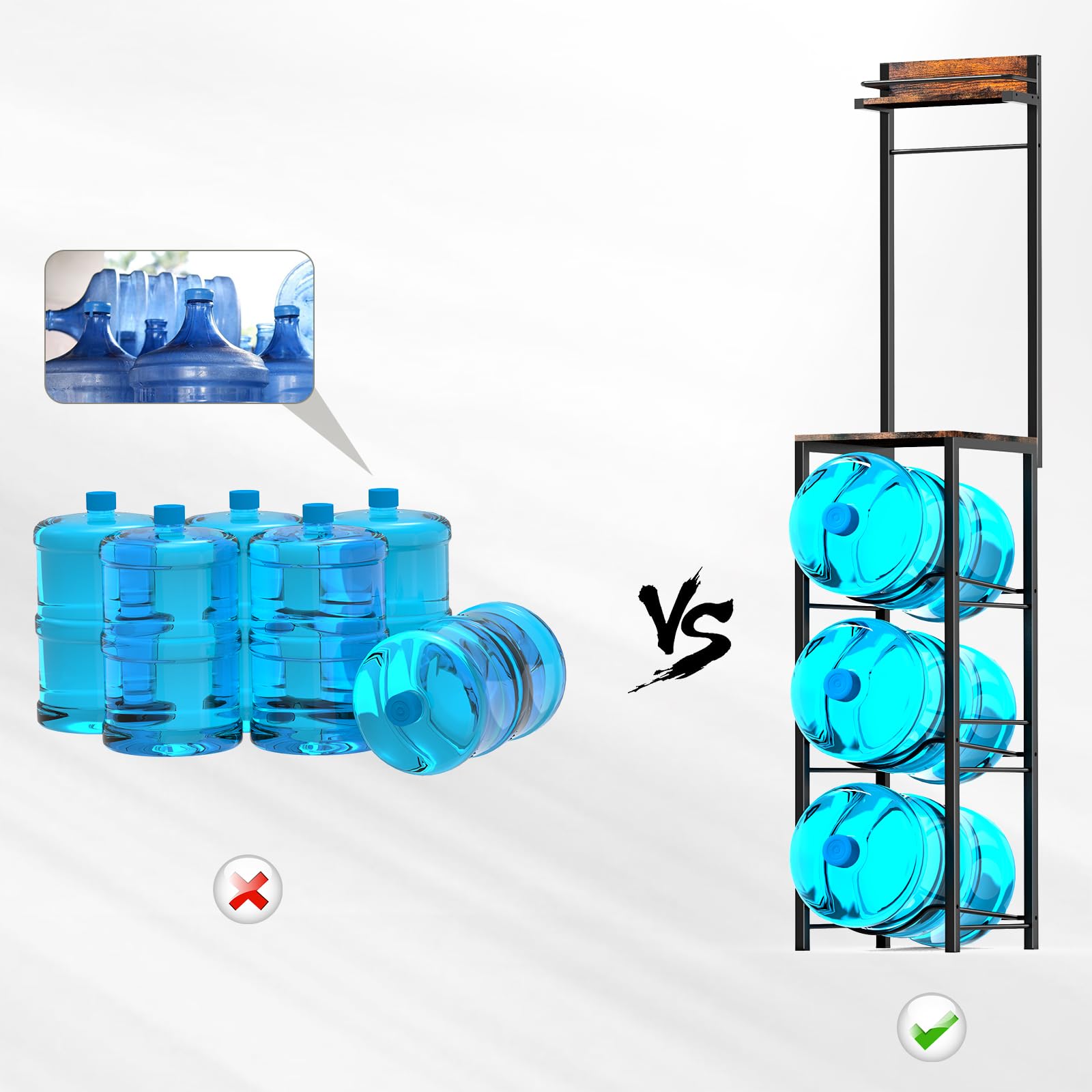 **5 Gallon Water Cooler Jug Rack - 3-Tier Removable Water Bottle Holder with Storage Shelves for Kitchen, Office & Living Room - Organizer for Coffee Machine & More (Upgraded)**    **Usage Scenarios:** Keep your kitchen, office, or living room organized with this versatile 3-tier water bottle rack—perfect for holding 5-gallon jugs, coffee machines, and other essentials while saving space.