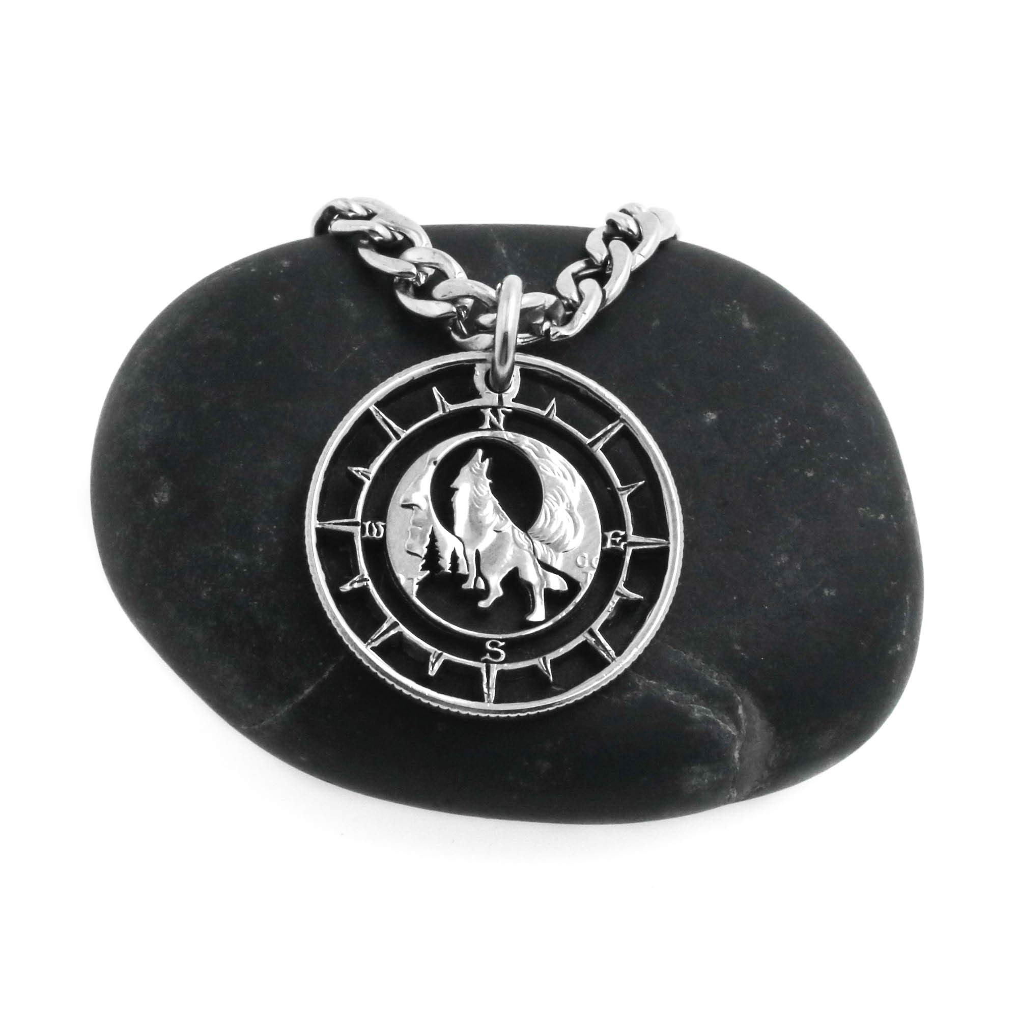 NameCoins Wolf and Compass Necklace - Handmade Howling Wolf Jewelry for Men, Unique Boyfriend Gift, Hiking & Outdoor Adventure Accessory, Wolf and Moon Design, Hand Cut Coin Pendant for Nature Lovers