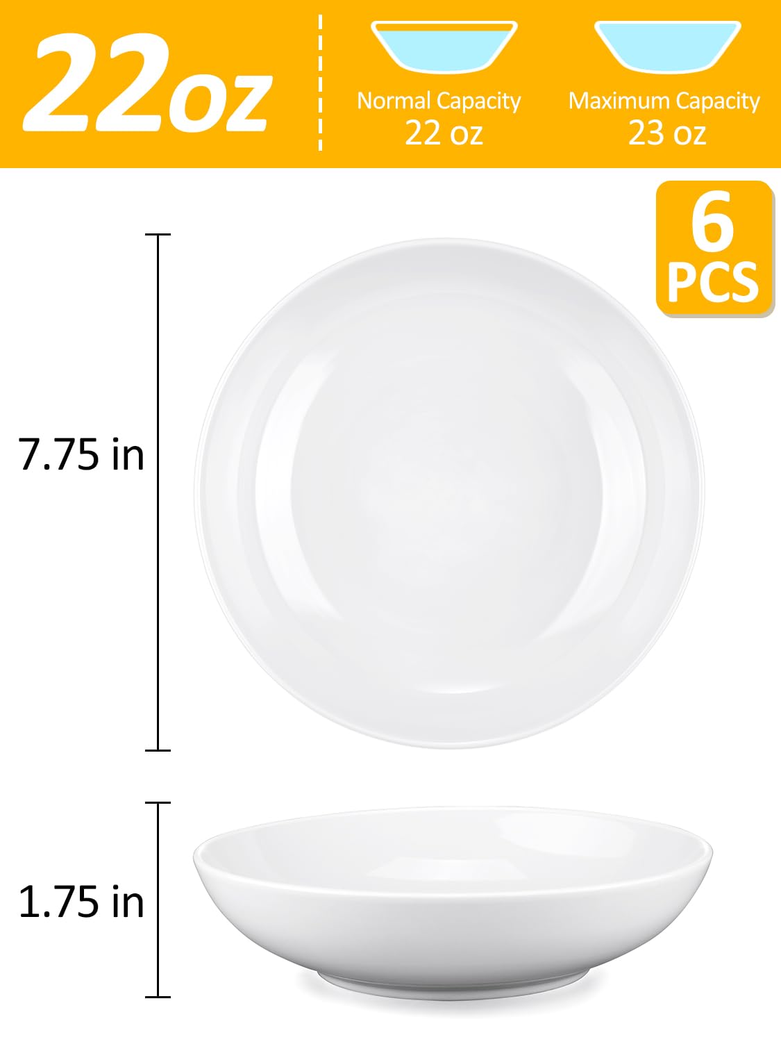 Yedio 22oz Porcelain Salad Bowls Set of 6 - Microwave & Dishwasher Safe White Pasta Bowls for Kitchen - Perfect for Salads, Pasta, Soups & Entertaining