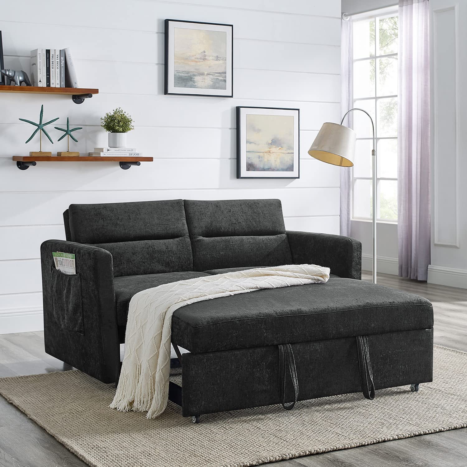 54.5-inch Modern Convertible Sleeper Sofa Bed - Chenille Loveseat with Pull-Out Bed, Adjustable Backrest & Side Pockets - Perfect for Small Spaces, Living Rooms & Apartments (Black) | Ideal for Overnight Guests, Studio Apartments & Cozy Movie Nights