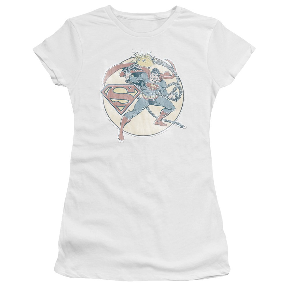 Trevco DC Comics Retro Superman Iron-On Transfer Juniors' Sheer Fitted T-Shirt - Perfect for Cosplay, Comic Con & Superhero Themed Parties