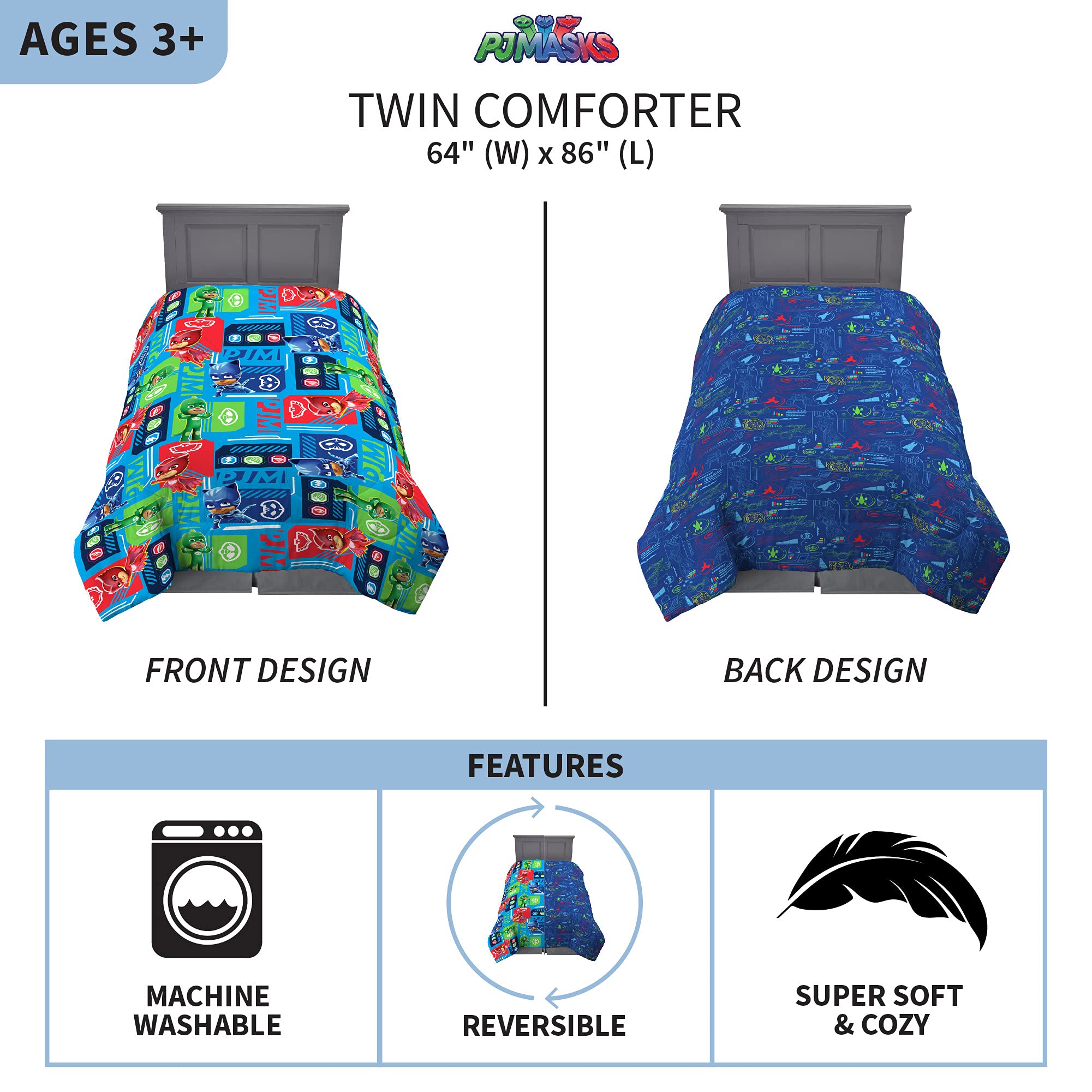 Franco Kids Bedding Soft Microfiber Comforter Set - Twin Size, PJ Masks Theme - Ultra Cozy & Hypoallergenic for Boys & Girls - Perfect for Bedrooms, Sleepovers & Kids' Rooms
