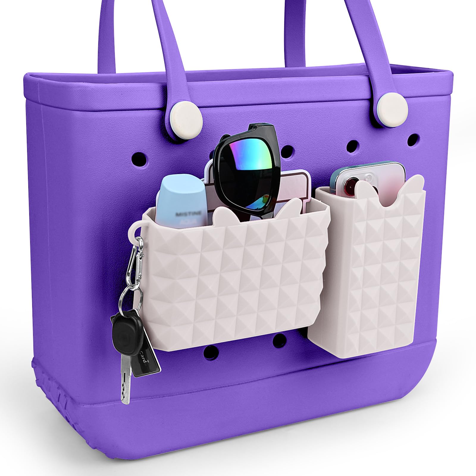 2-Pack Silicone Phone Holder for Bogg Bag - Organizer Insert for Phone, Sunglasses, Keys & Wallet - Simply Modern Beach Tote Bag Accessories (White) - Perfect for Beach Trips, Pool Days & Summer Outings