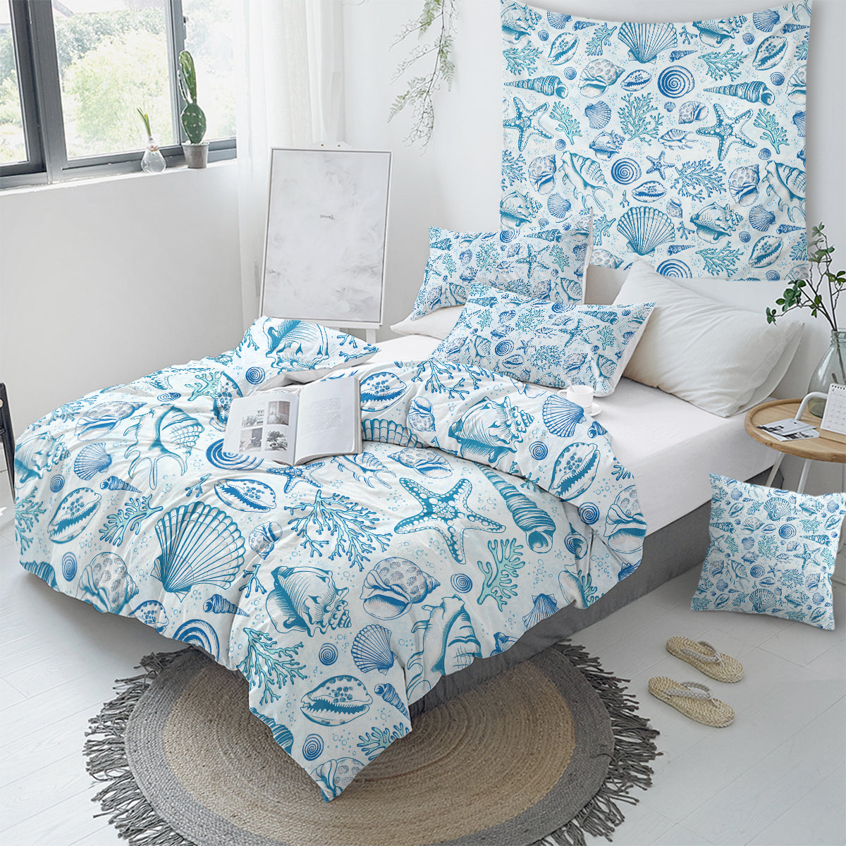 Blue Seashells Duvet Cover Set - Queen Size 3-Piece Bedding Set with Pillow Shams | Coastal Beach Theme Bedroom Decor for Summer & Vacation Homes
