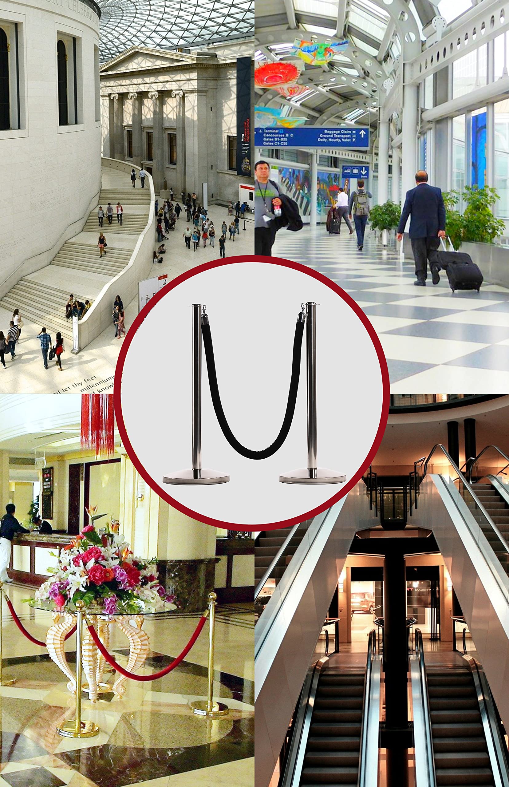 Montour Line Velvet Hanging Stanchion Rope with Foam Core - 8ft Gray Rope & Polished Stainless Steel Snap Ends - Perfect for Event Crowd Control, VIP Sections & Rope Barriers