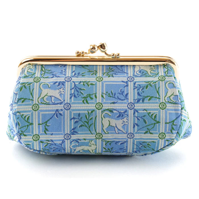 Nishijin Woven Small Cat Pouch - Blue | Handmade in Kyoto Japan | Cosmetic & Makeup Bag | Japanese Gamaguchi Style | Travel Toiletry Organizer | Stationery Pouch | Bag-in-Bag Organizer | Perfect for Travel, Daily Use & Gift Giving