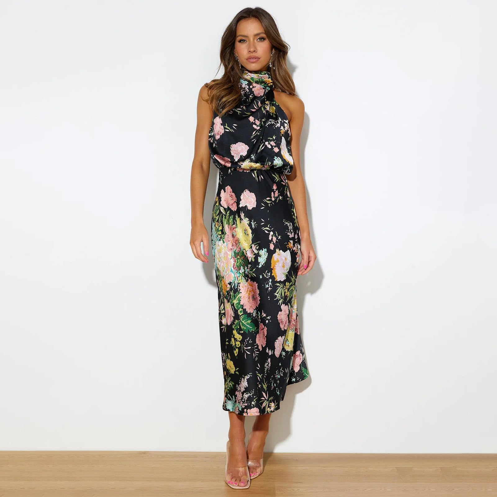 Elegant Black Floral Print Silk Sleeveless Cocktail Dress for Women - Long Satin Midi Dress with Mock Neck for Summer Weddings, Evening Parties, Prom & Formal Events