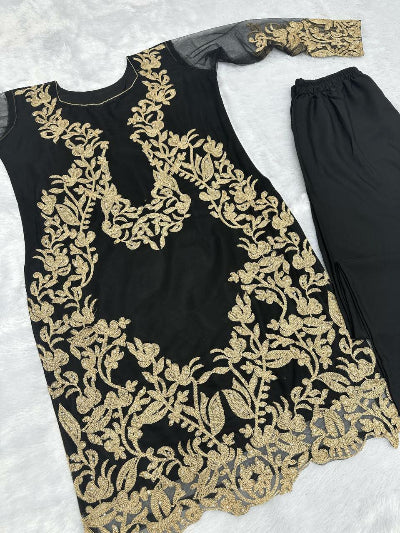 Elegant Black Soft Butterfly Net Gold Embroidery Kurti Pant Set of 2 - Indian Ethnic Wear for Women, Party Outfit & Festive Occasion Dresses