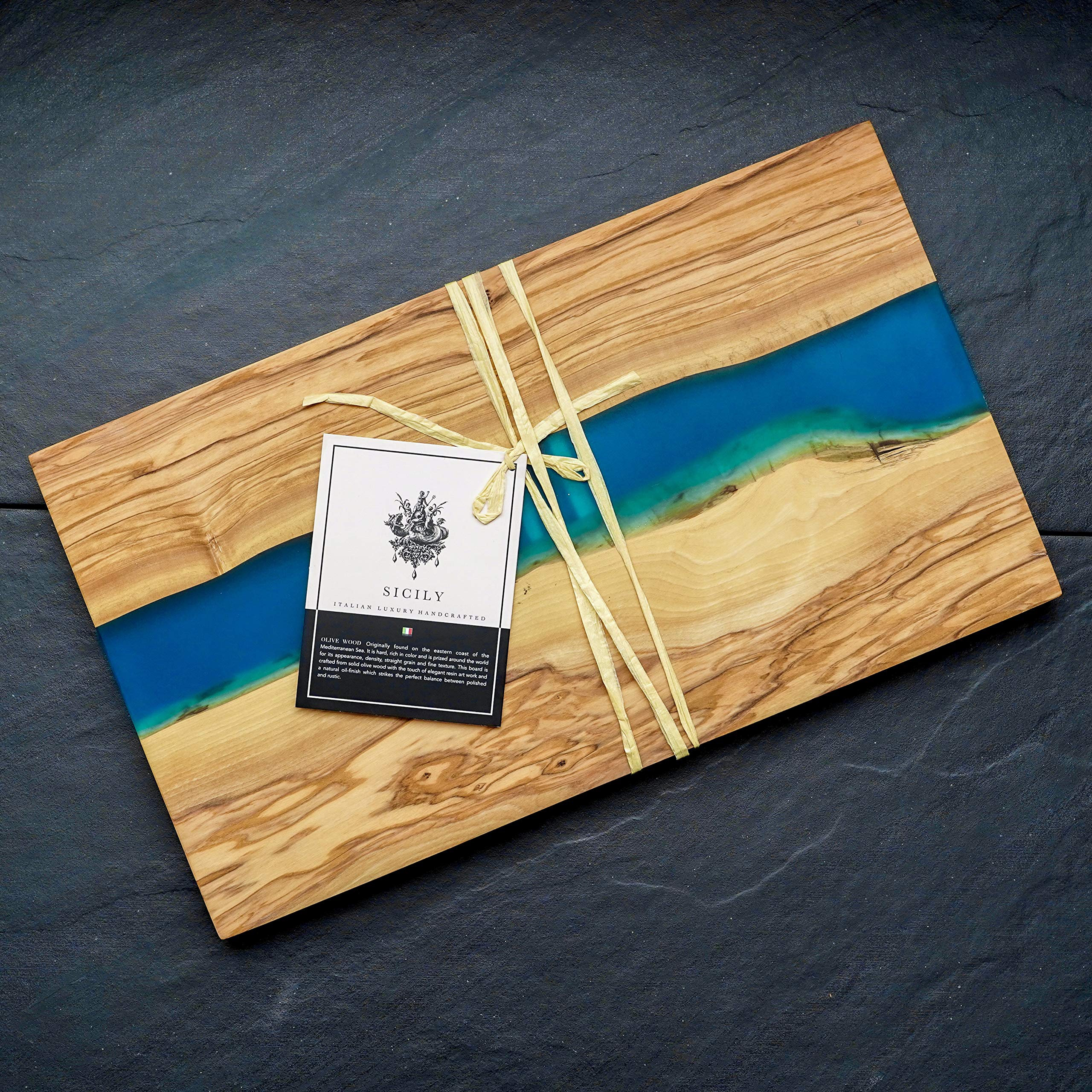 Italian Olive Wood Luxury Cheese Board & Charcuterie Platter - Handcrafted Cutting Board with Ocean Blue Epoxy River Design - Perfect for Entertaining, Kitchen Decor & Gift Giving