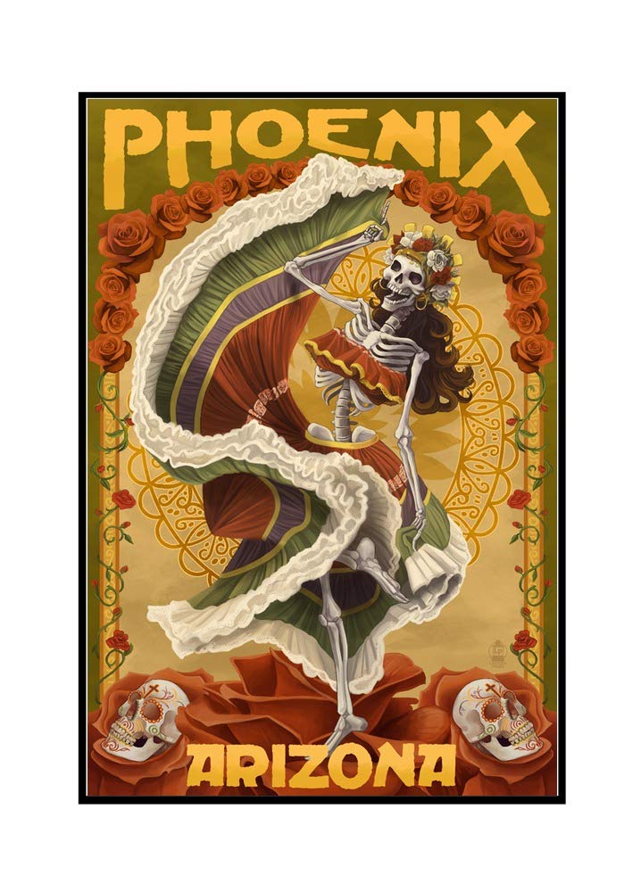 Day of the Dead Dancing Skeleton Wall Art - 24x36 Framed Gallery Wrapped Canvas Print - Mexican Folk Art Decor for Halloween, Dia de Muertos & Home Decor - Perfect for Living Room, Bedroom or Office