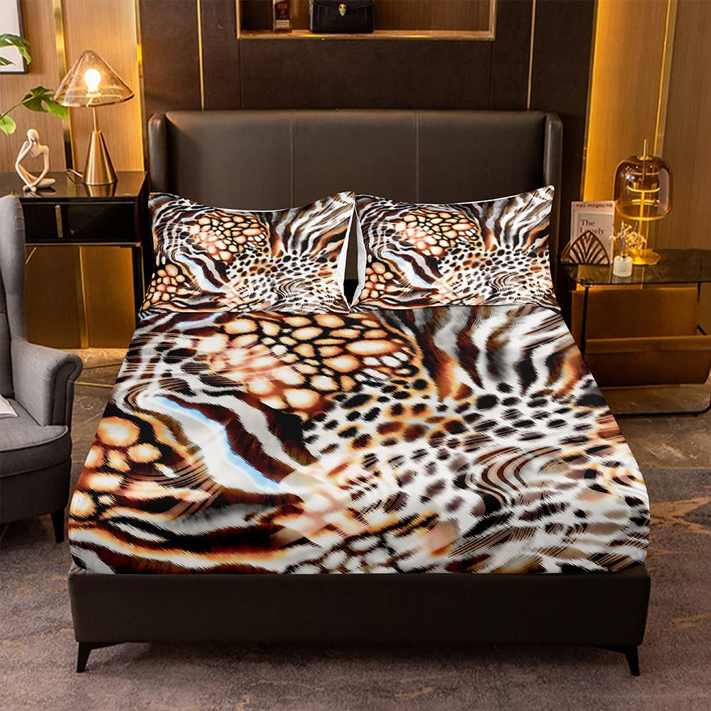 JIJIWANG Queen Fitted Sheet Set - 3PC Leopard Print Bedding with 2 Pillowcases | Soft, Breathable Cheetah Pattern Sheets for Boys & Girls | Perfect for Kids' Rooms, Dorm Decor, and Jungle-Themed Bedrooms
