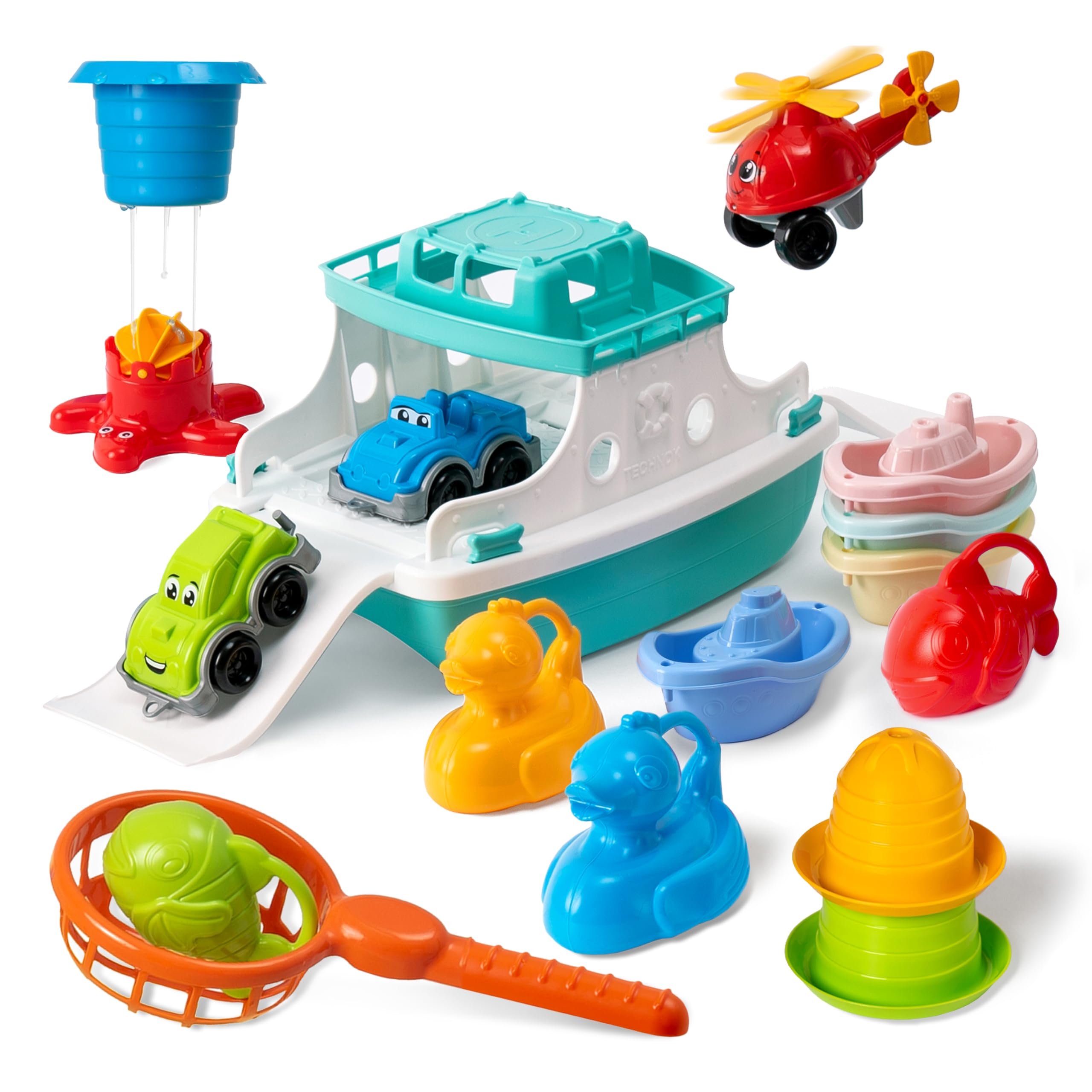 **Ferry Boat Toys Set with Helicopter & 2 Cars | Toddler Bath Toys for Boys & Girls | Stacking Cups & Water Play Boats | Fun Learning & Sensory Play for Bathtime & Pool**