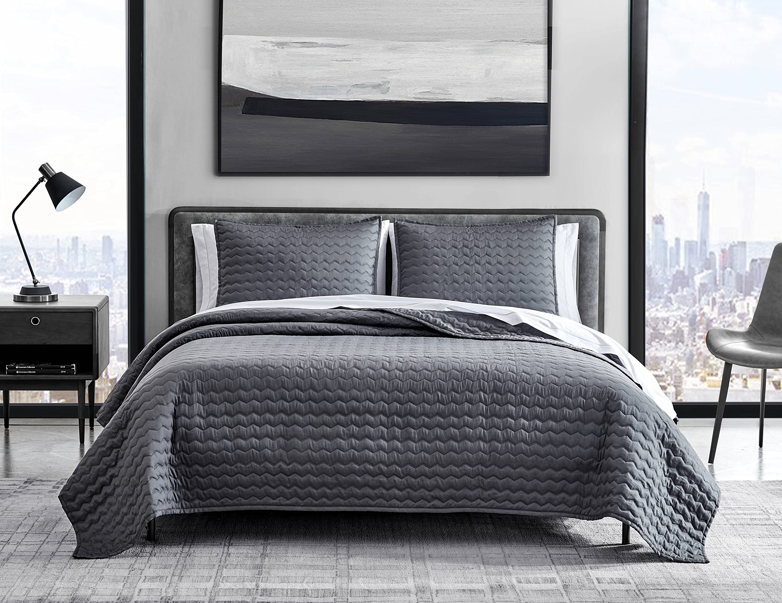 Vera Wang Queen Quilt Set - Luxury 100% Cotton Bedding Set with Matching Shams, Modern Herringbone Charcoal Grey Comforter for Master Bedroom & Guest Room Decor