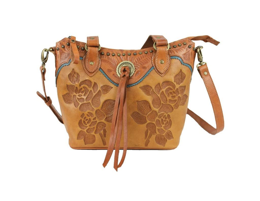 American West Texas Rose Leather Small Convertible Bucket Tote Bag - Golden Tan - Perfect for Work, Travel & Everyday Use