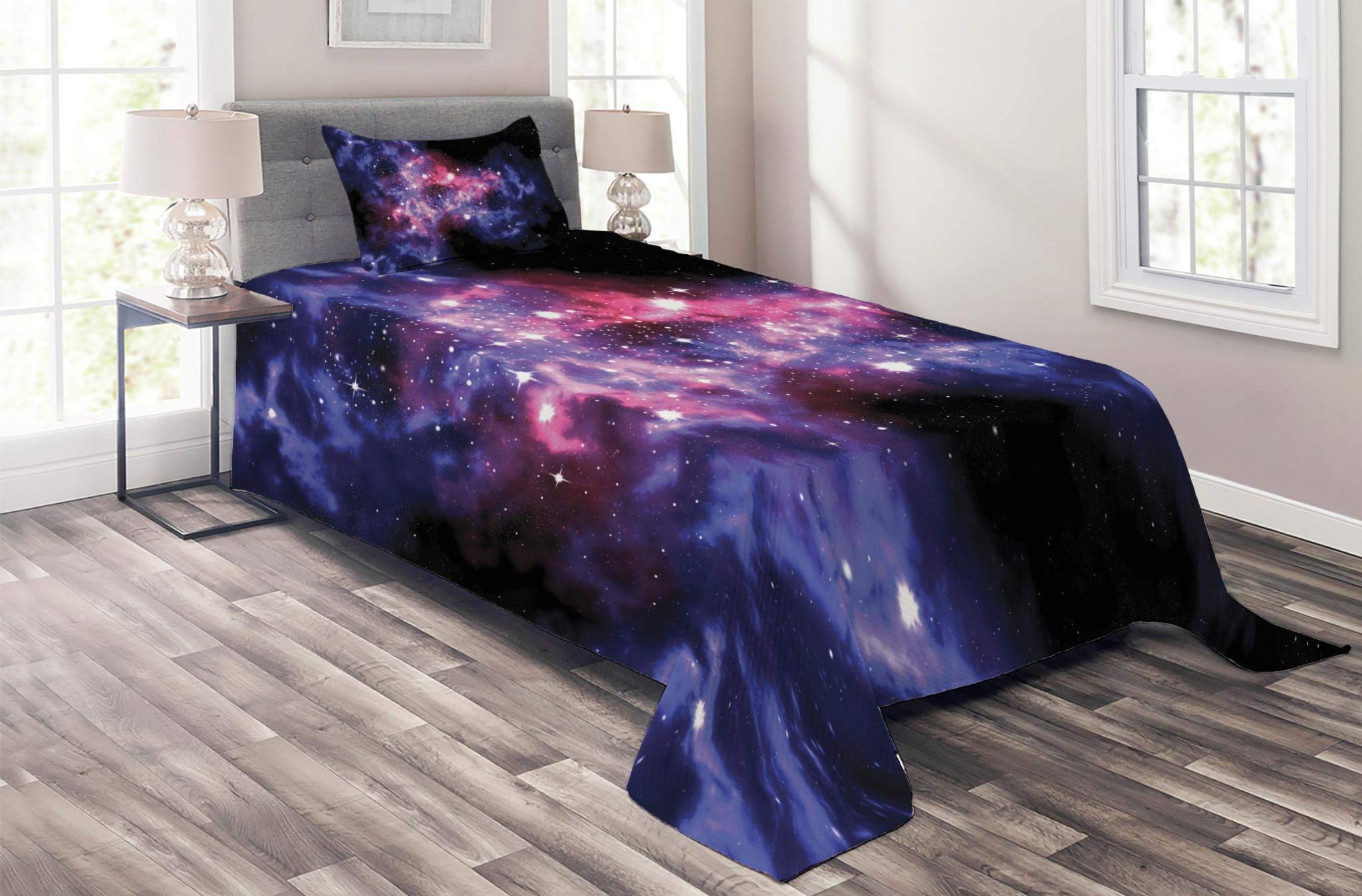 Lunarable Outer Space Bedspread Set - Dusty Gas Cloud Nebula & Star Clusters Cosmic Print, 2-Piece Quilted Bedding with Pillow Sham, Twin Size Navy Purple - Perfect for Astronomy Lovers' Bedroom Decor & Space-Themed Room Design