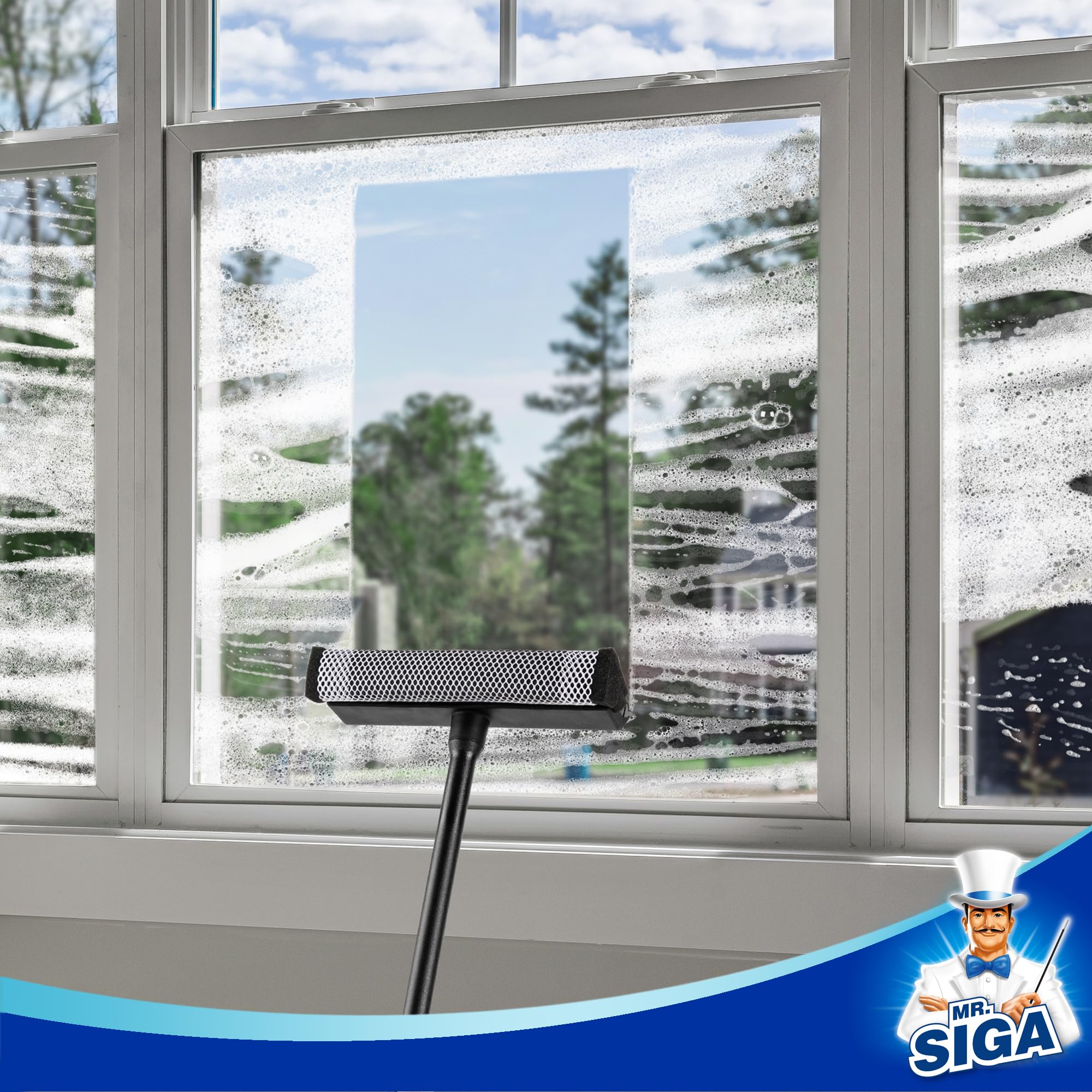 MR.SIGA Professional Car Window Squeegee - 2 in 1 Windshield Cleaner with Rubber Blade & Sponge Scrubber, Ergonomic Handle for Streak-Free Cleaning - Perfect for Car Wash, Home Windows & Glass Surfaces