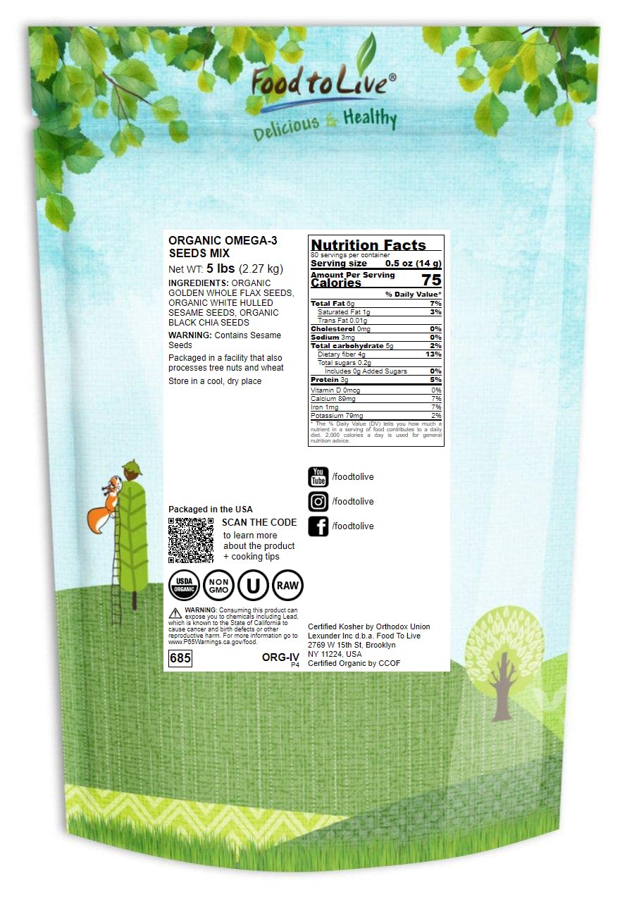 Food to Live Organic Omega-3 Seed Mix with Flax, Chia & Sesame - 5lb Non-GMO, Raw, Kosher, Vegan Superfood | Rich in Omega-3 Fatty Acids & Fiber | Perfect for Smoothie Bowls, Yogurt Toppings, Baking & Healthy Snacks