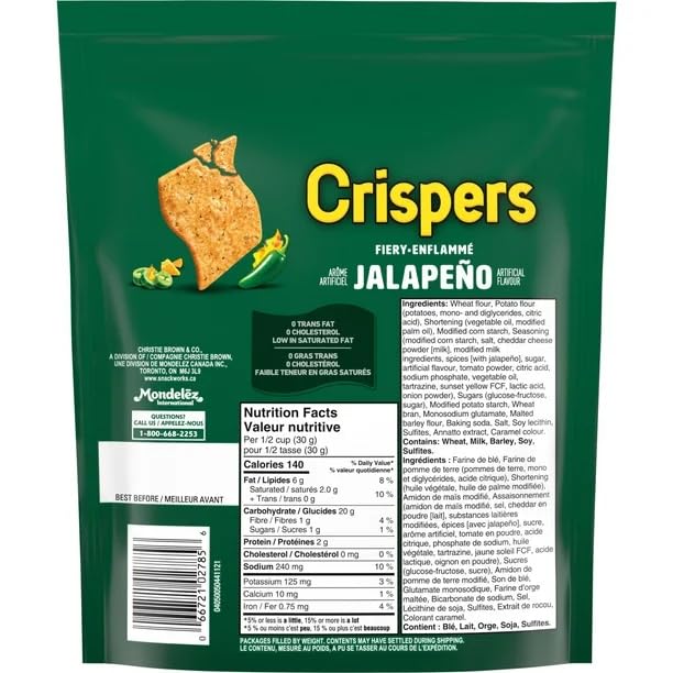 Christie Crispers Fiery Jalapeño Crackers - Spicy Snack, 5.1oz (145g) | Crunchy Pepper Flavored Crackers for Parties, Lunch Boxes & On-the-Go Snacking | Shipped from Canada