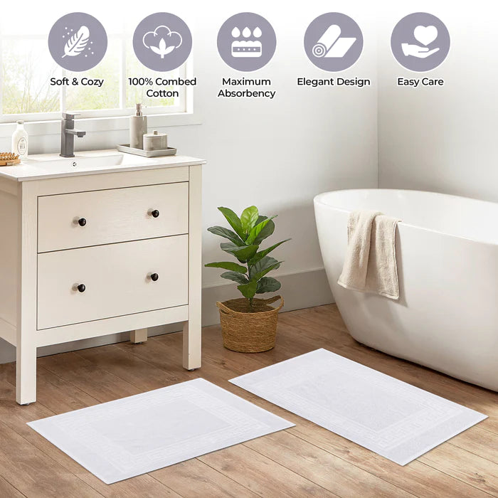 Premium Cotton 2-Piece Greek Key Border Bath Mat Set - Ultra Absorbent, Non-Slip Bathroom Rug - Perfect for Modern Bathrooms, Master Suites & Spa-Like Retreats