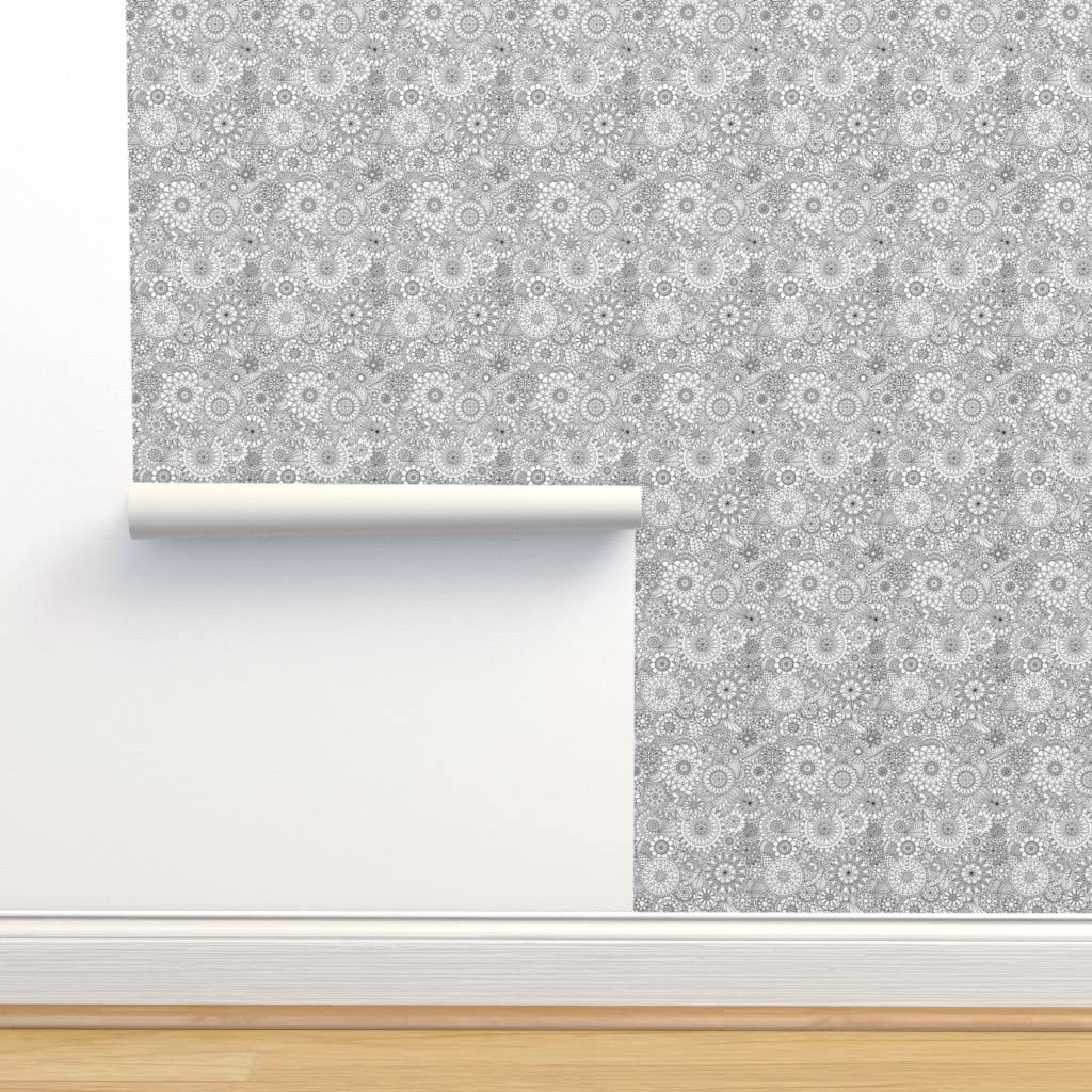 Peel & Stick Removable Wallpaper 9ft x 2ft - Black & White Doodle Garden Mandala Floral Design | Botanical Coloring Book Pattern | DIY Home Decor for Bedroom, Nursery & Office