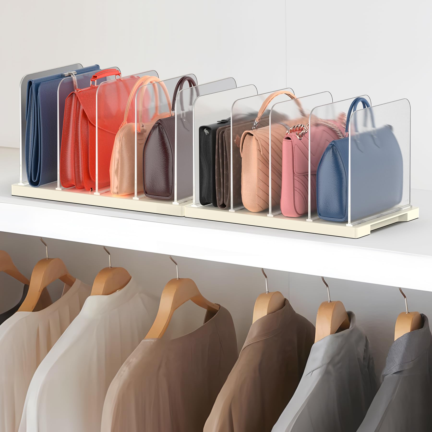 2-Pack Clear Frosted Plastic Shelf Dividers for Closet - Handbag & Purse Organizer with 4 Slots - Perfect for Wallets, Clutches & Bag Storage (Ideal for Closet Organization & Space Saving)
