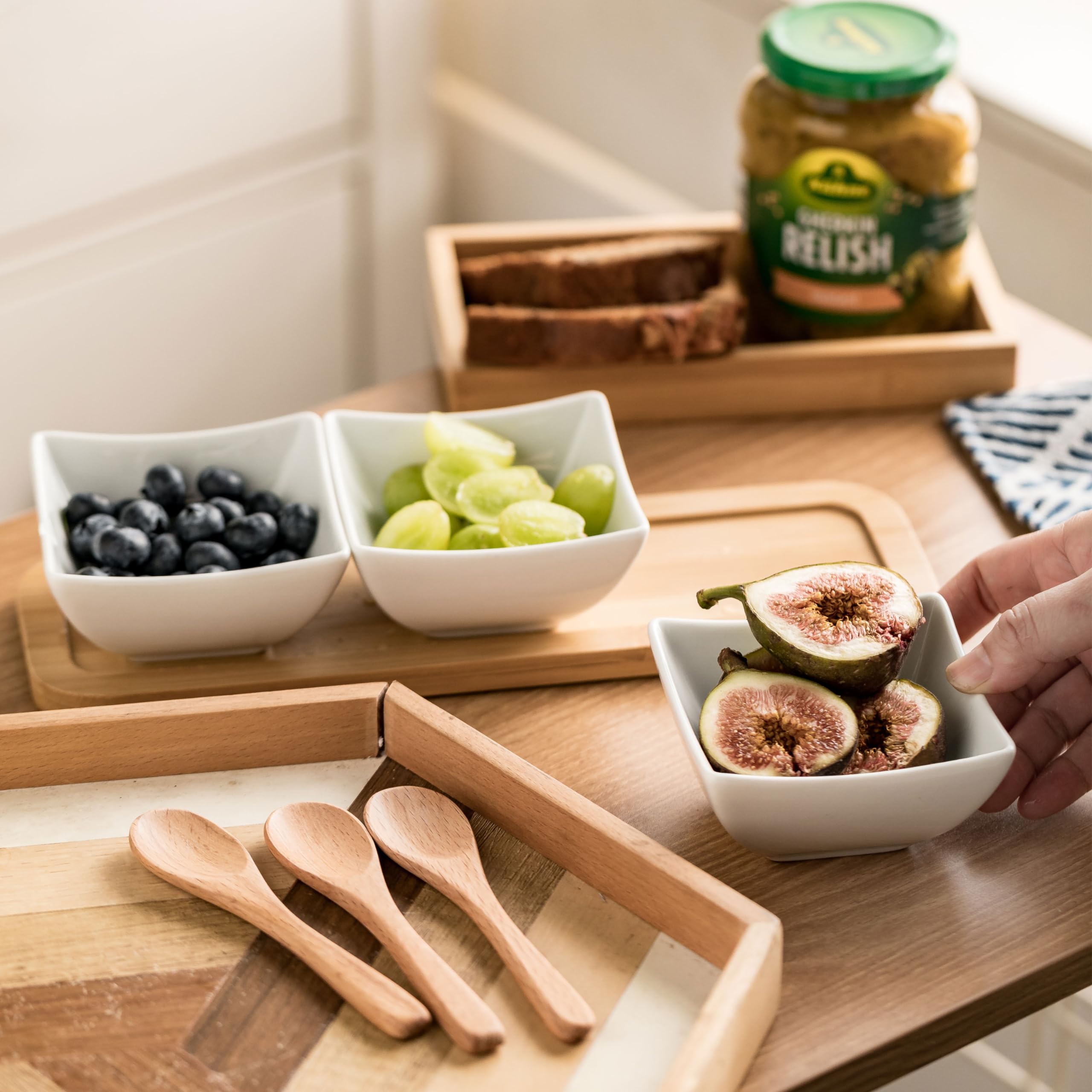 Ceramic Chip and Dip Serving Set with Wooden Spoons - Appetizer Tray for BBQ, Party Snacks & Entertaining - Perfect for Nachos, Salsa, Guacamole & Condiments
