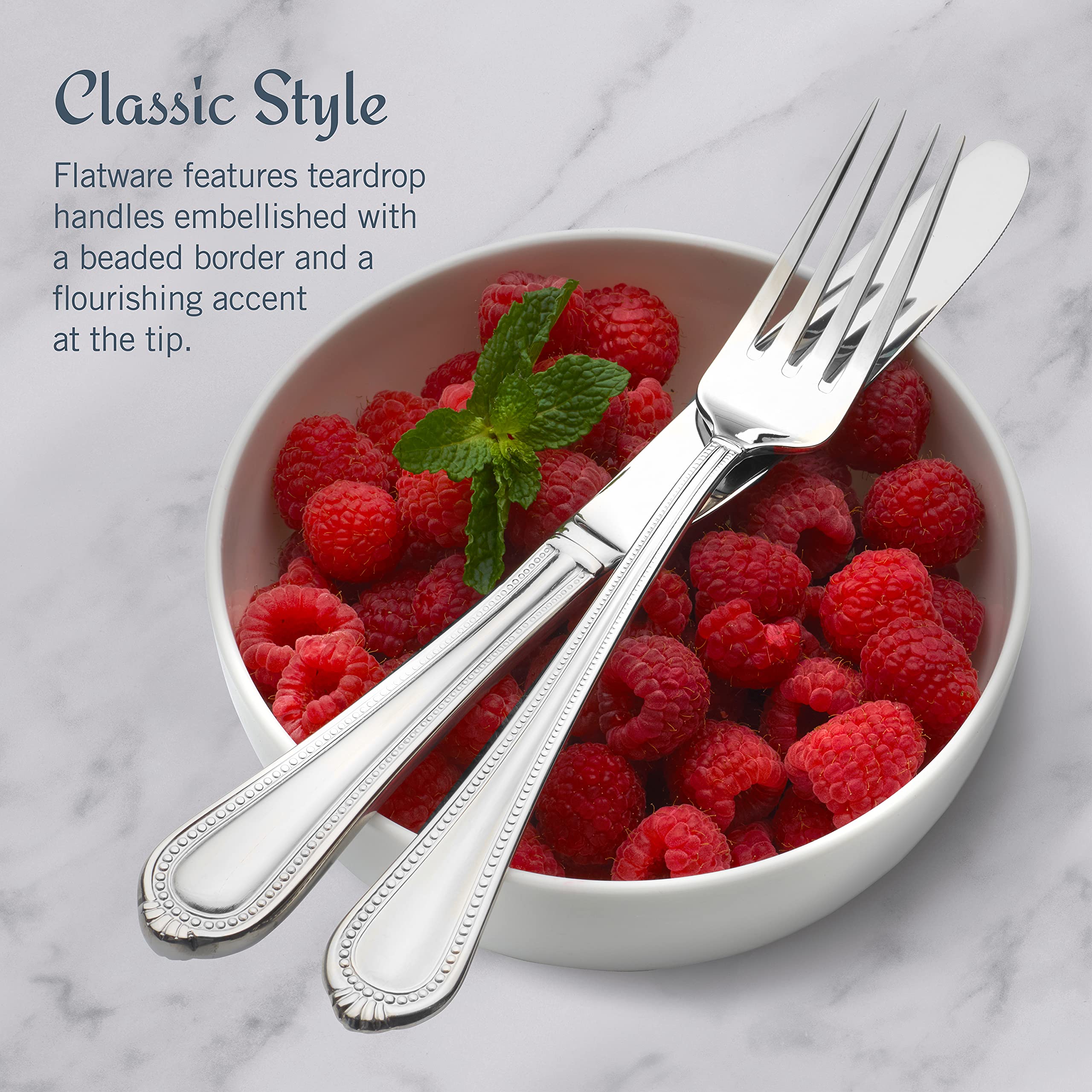 Mikasa Regent Bead 65-Piece 18/10 Stainless Steel Flatware Set for 12 - Elegant Silverware with Serving Utensils for Fine Dining, Weddings & Special Occasions