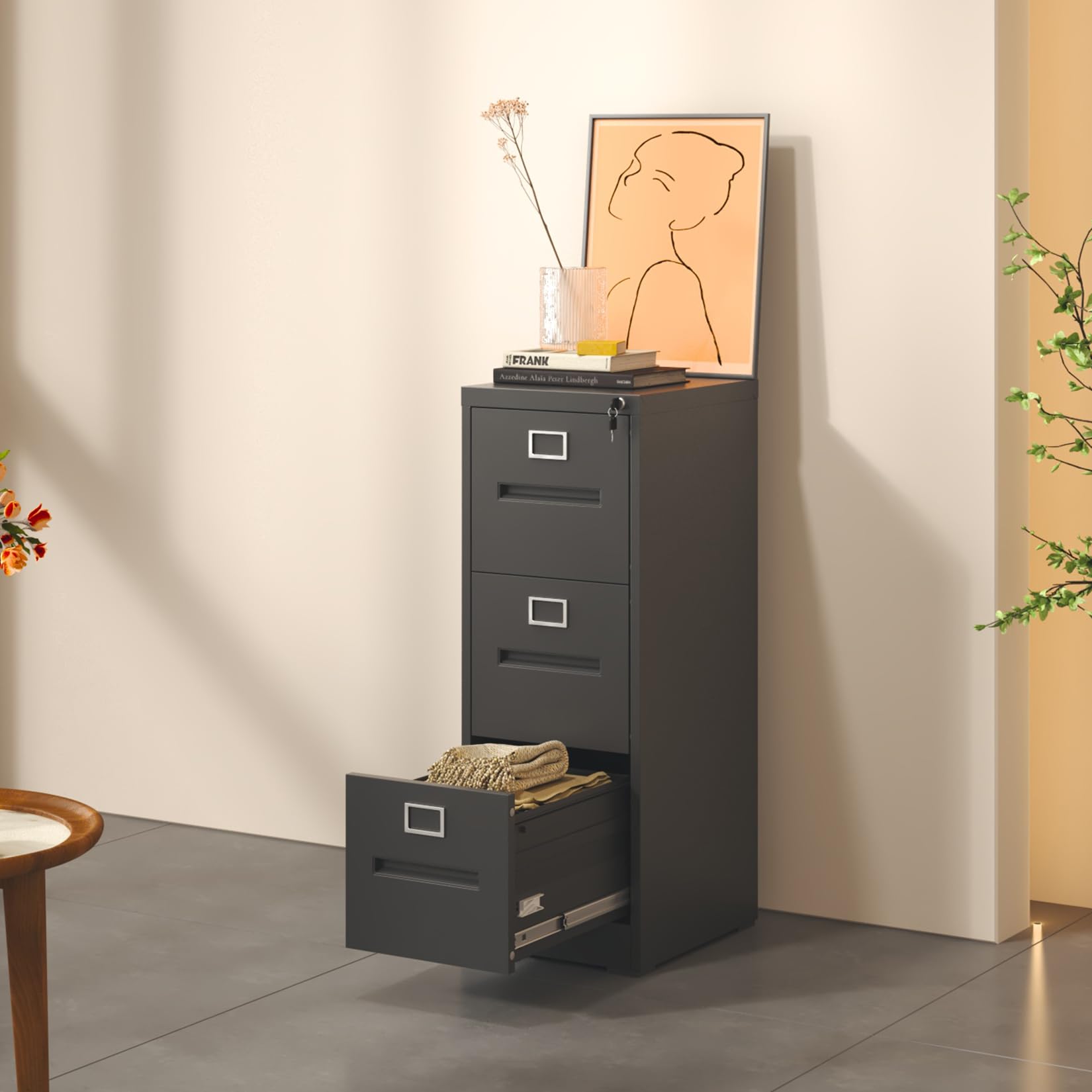 3 Drawer Black Metal File Cabinet - Locking Vertical Filing Cabinet for Legal, Letter, A4 & F4 Documents - Easy Assembly for Home Office & Workspace Organization (Black)