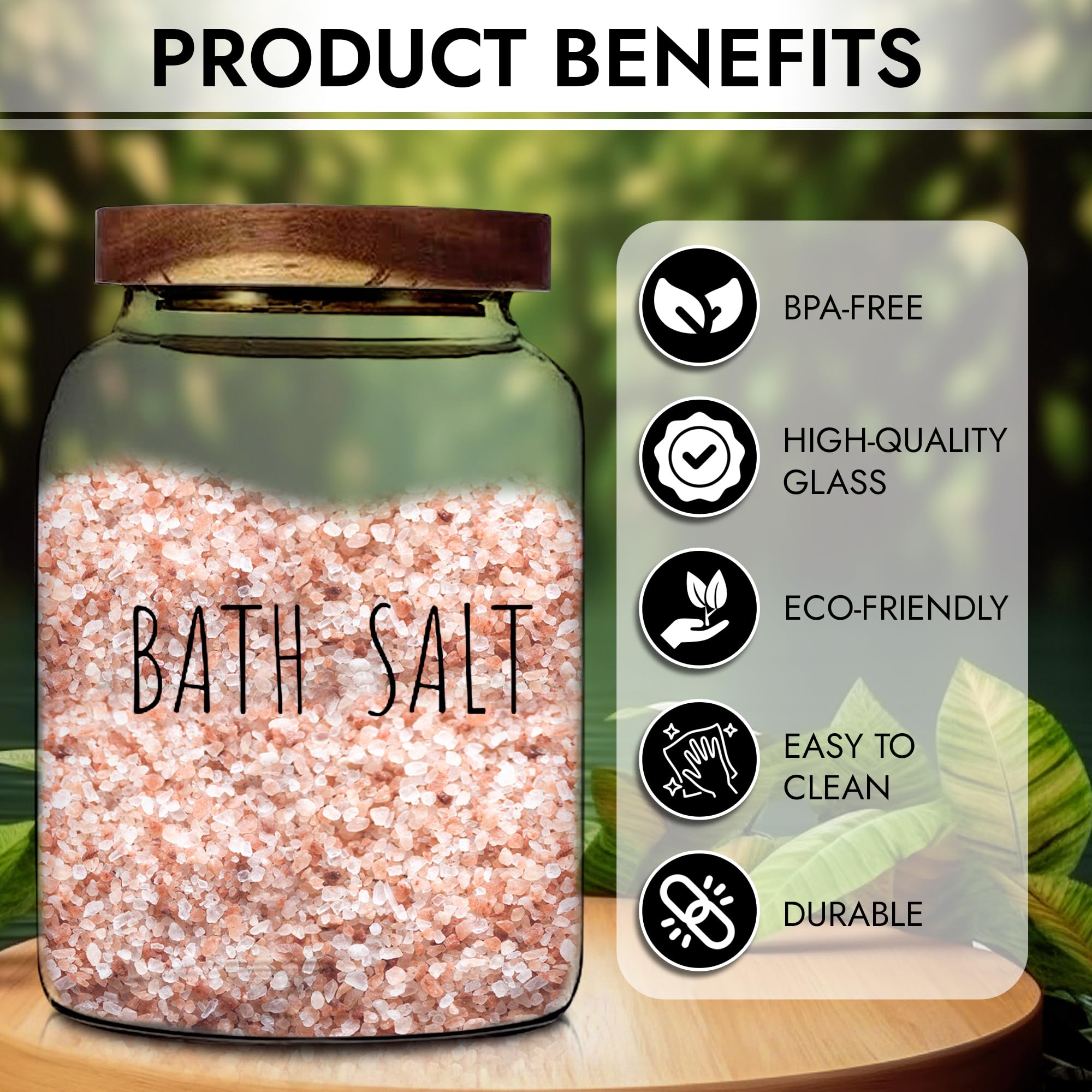 Bath Salts Glass Jar with Wooden Lid & Scoop - Airtight Bath Salt Container for Women - Perfect for Bathroom Decor & Bathtub Accessories - Ideal for Relaxing Spa Nights & Gift Giving